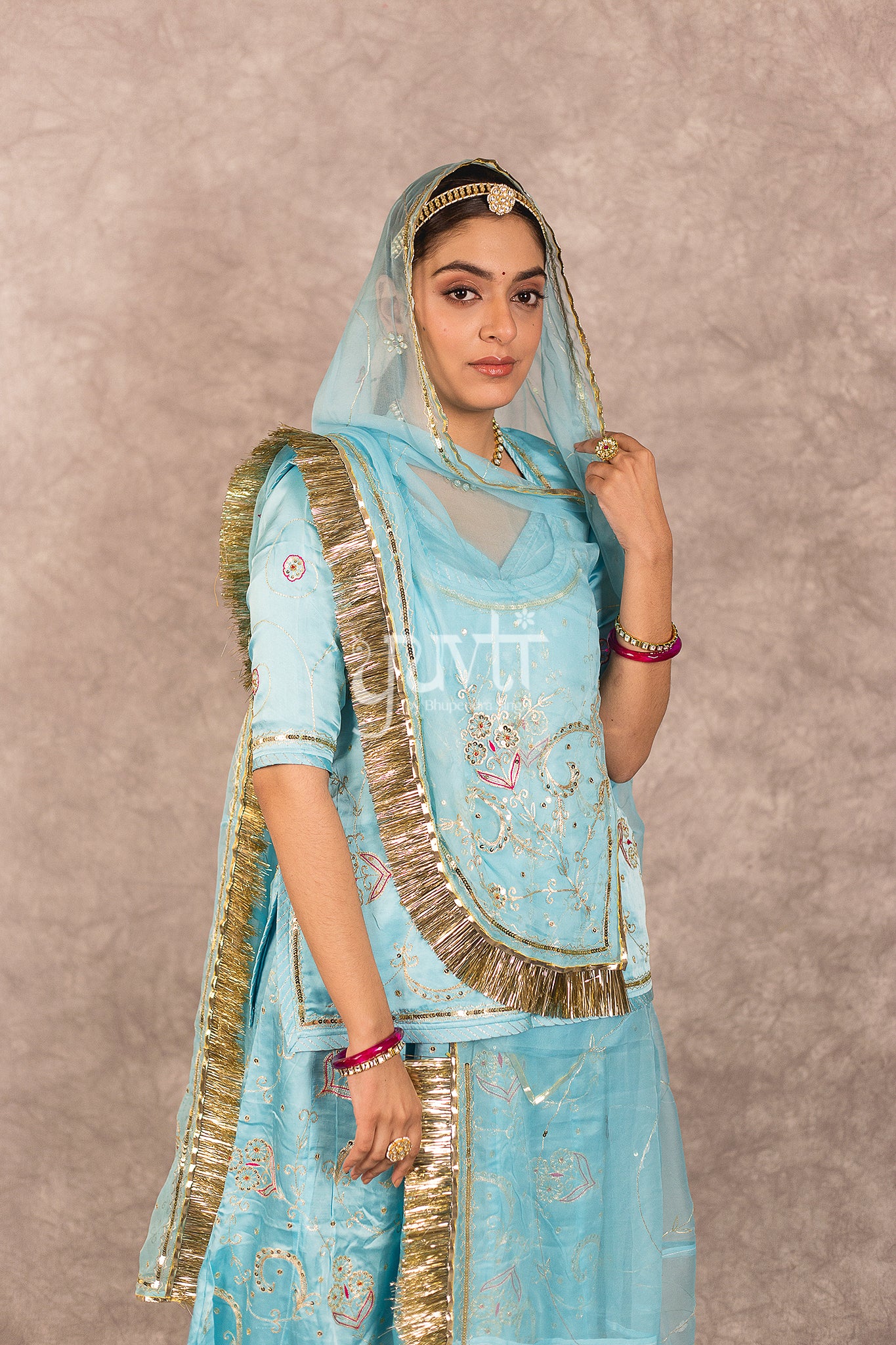 Sky Blue Bamber Satin Aari Sequins work Rajputi Poshak