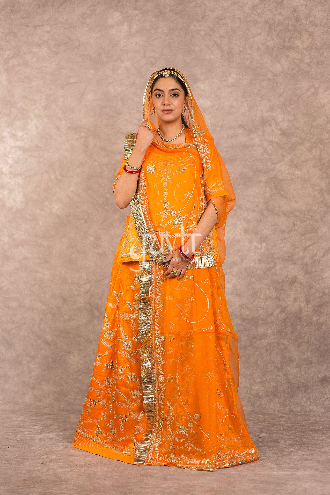 Orange Bamber Satin Aari jaal work Rajputi Poshak