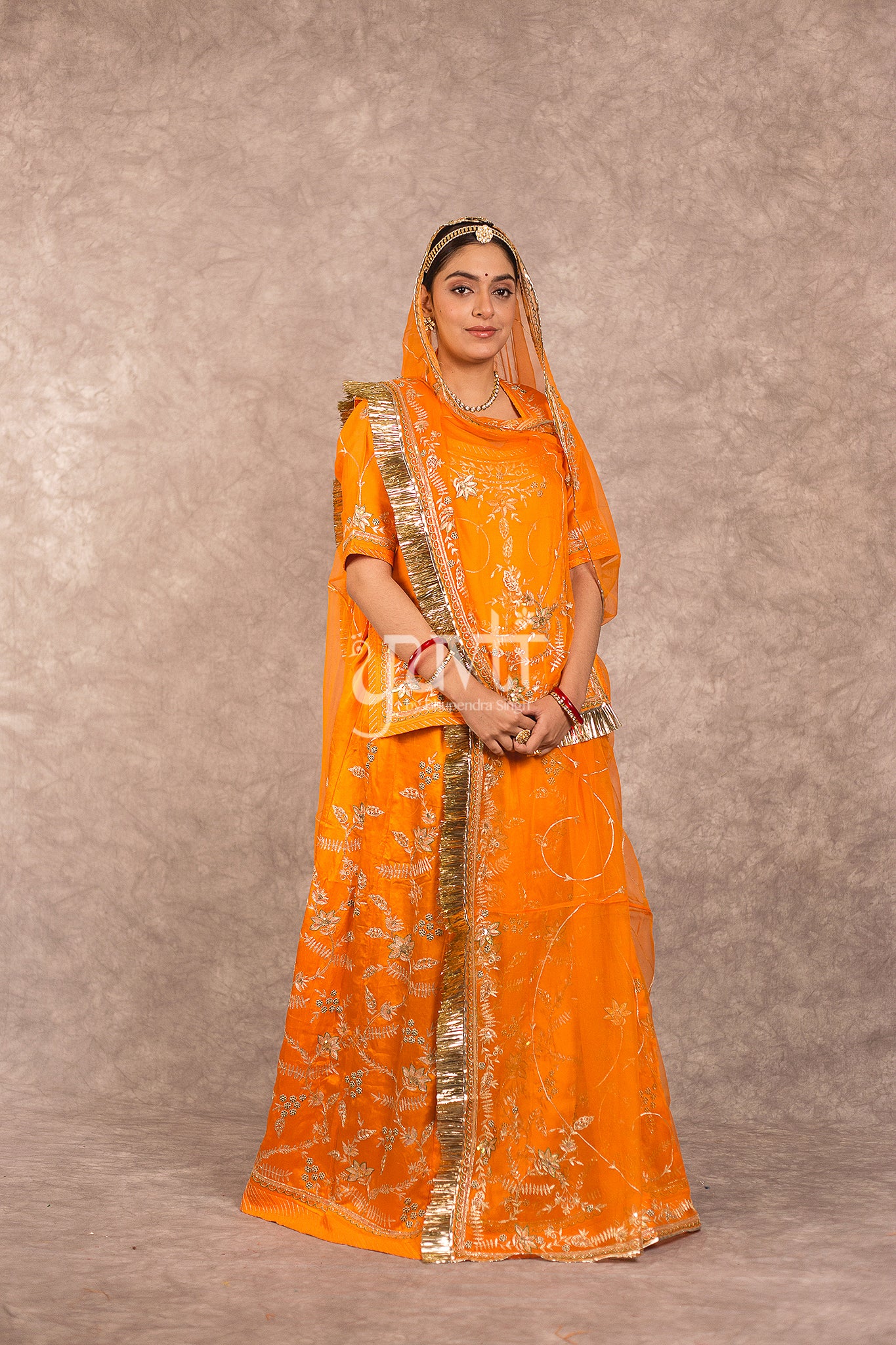 Orange Bamber Satin Aari jaal work Rajputi Poshak