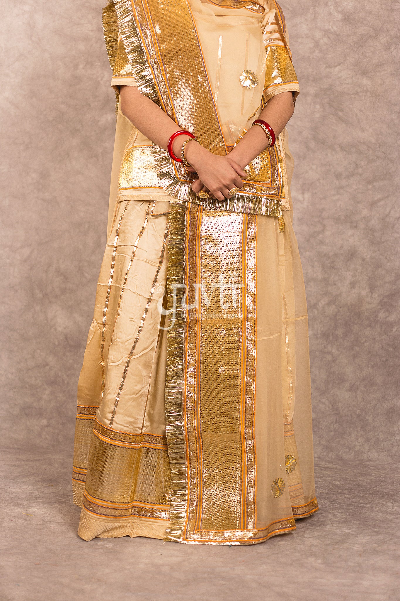Beige Bamber Satin Laffa Gota Work Rajputi Poshak