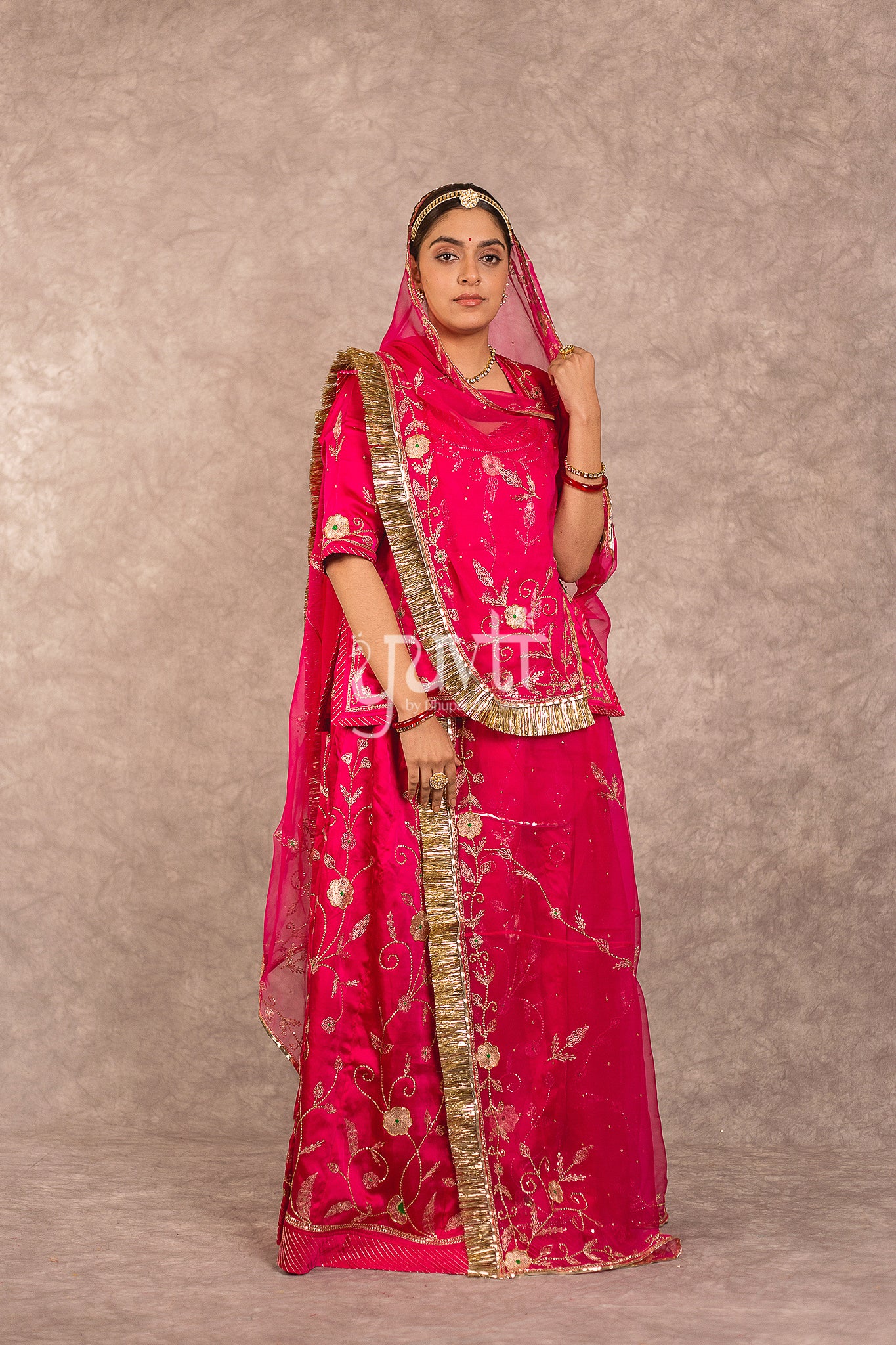 Rani Pink Bamber Satin Aari Katori Jaal work Rajputi Poshak