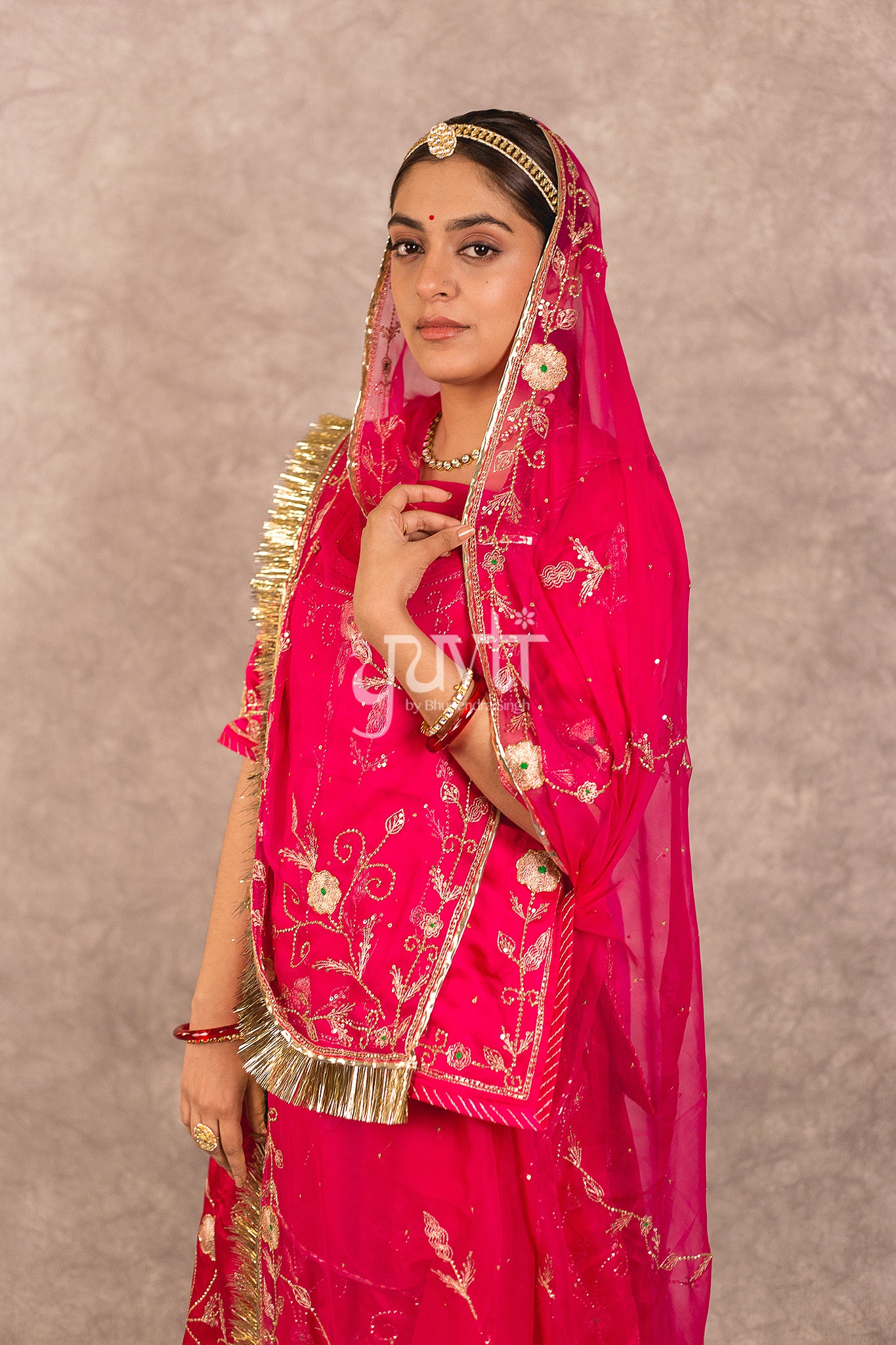 Rani Pink Bamber Satin Aari Katori Jaal work Rajputi Poshak
