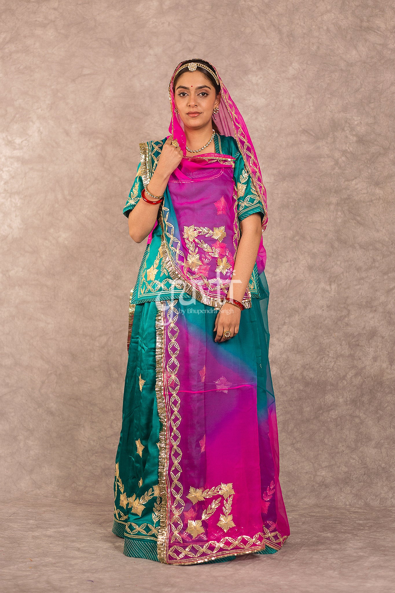 Rama Bamber Satin Sikhiya Gota work Rajputi Poshak with Multi Shaded Odhana