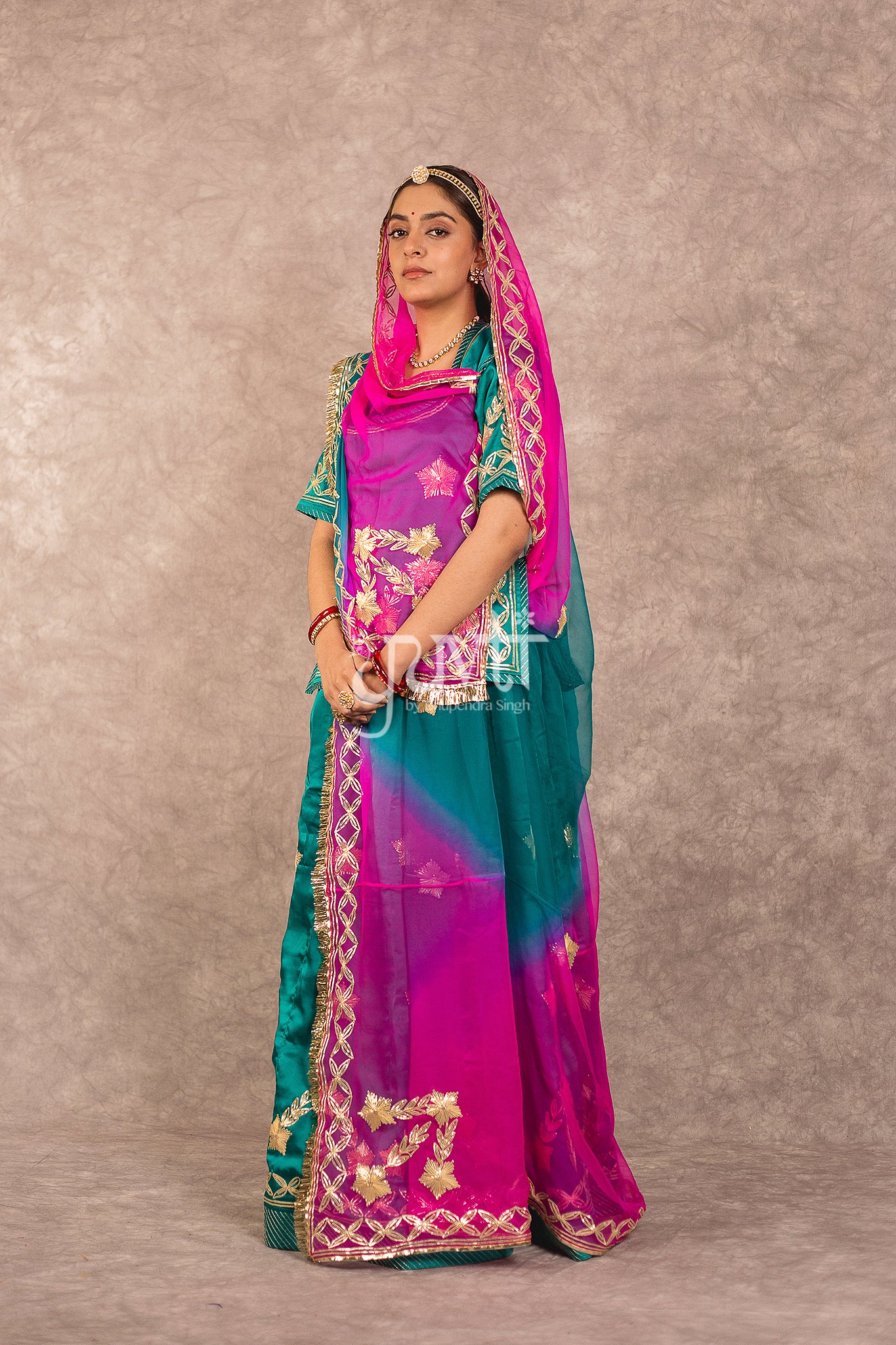 Rama Bamber Satin Sikhiya Gota work Rajputi Poshak with Multi Shaded Odhana