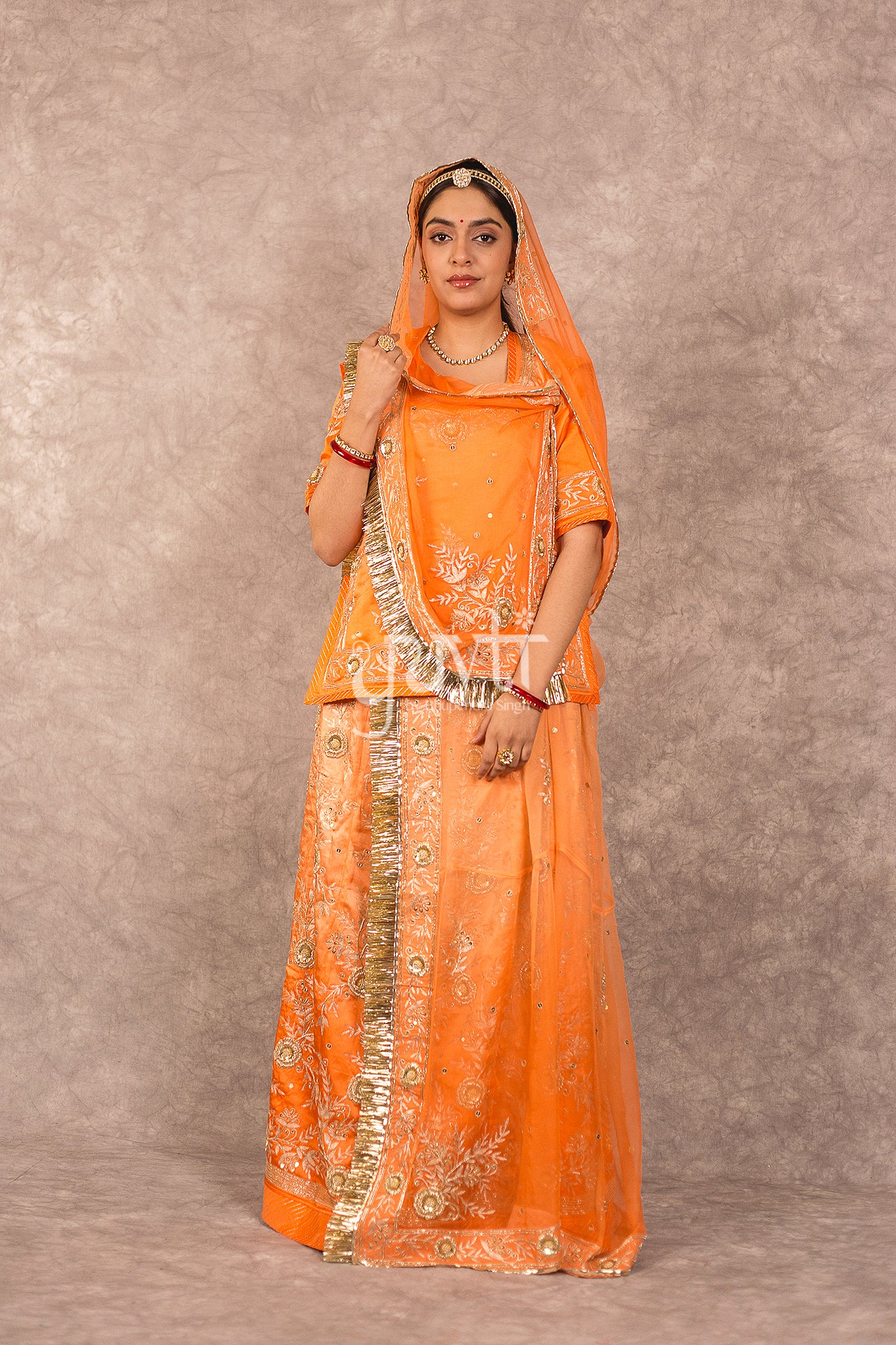 Orange Bamber Satin Aari Zardosi Workk Rajputi Poshak