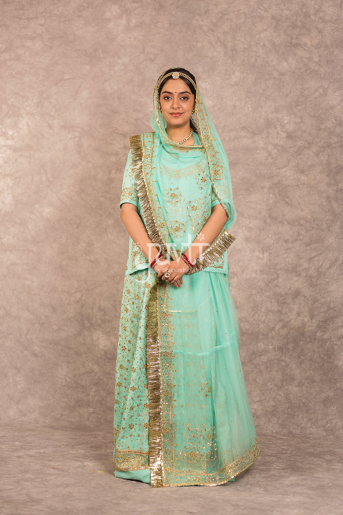 Sea Green Pure Georgette Kundan Dori Jaal Zardosi Highlight Rajputi Poshak