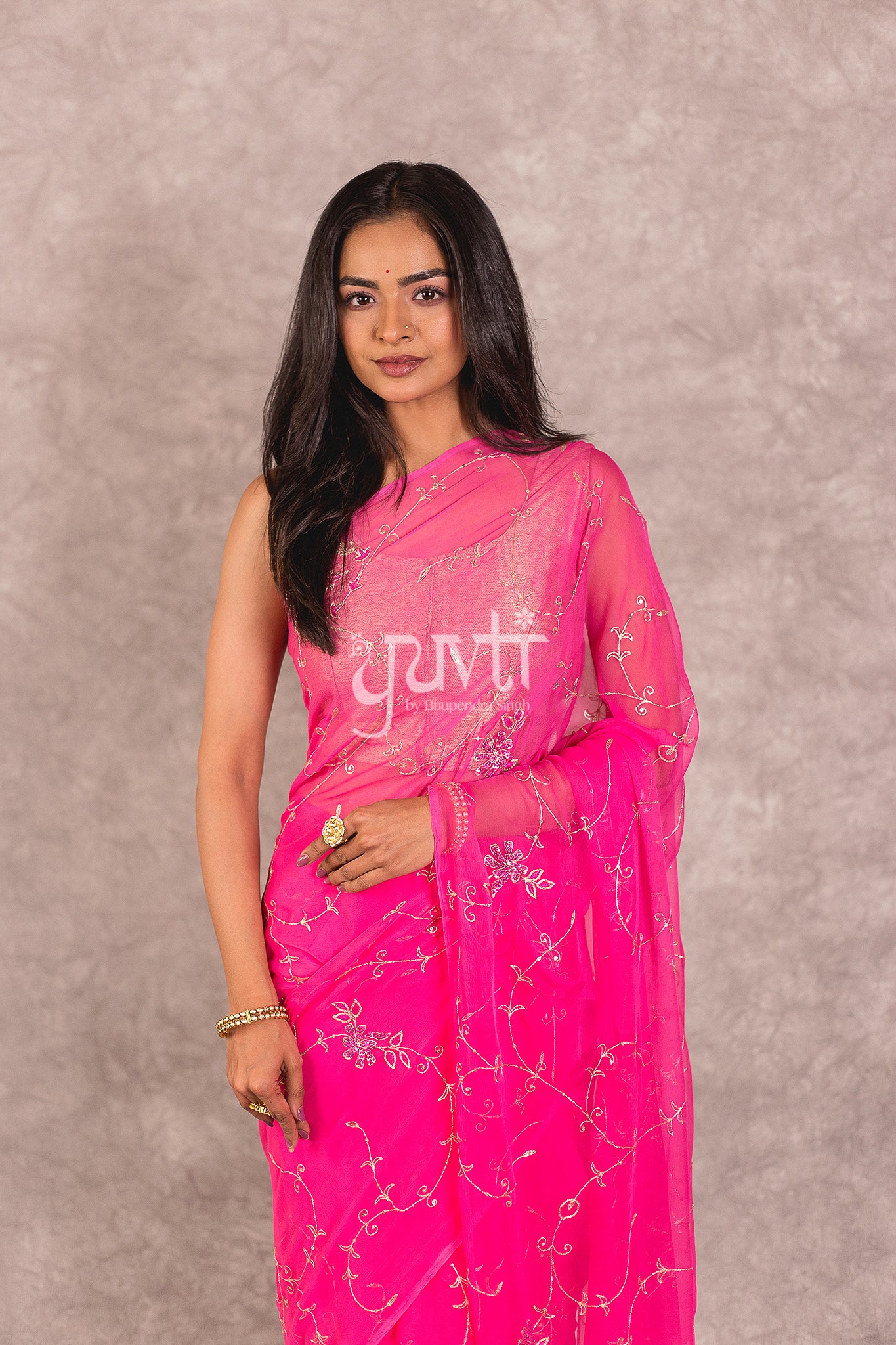 Pink Viscose Chiffon Aari Jaal Work Saree