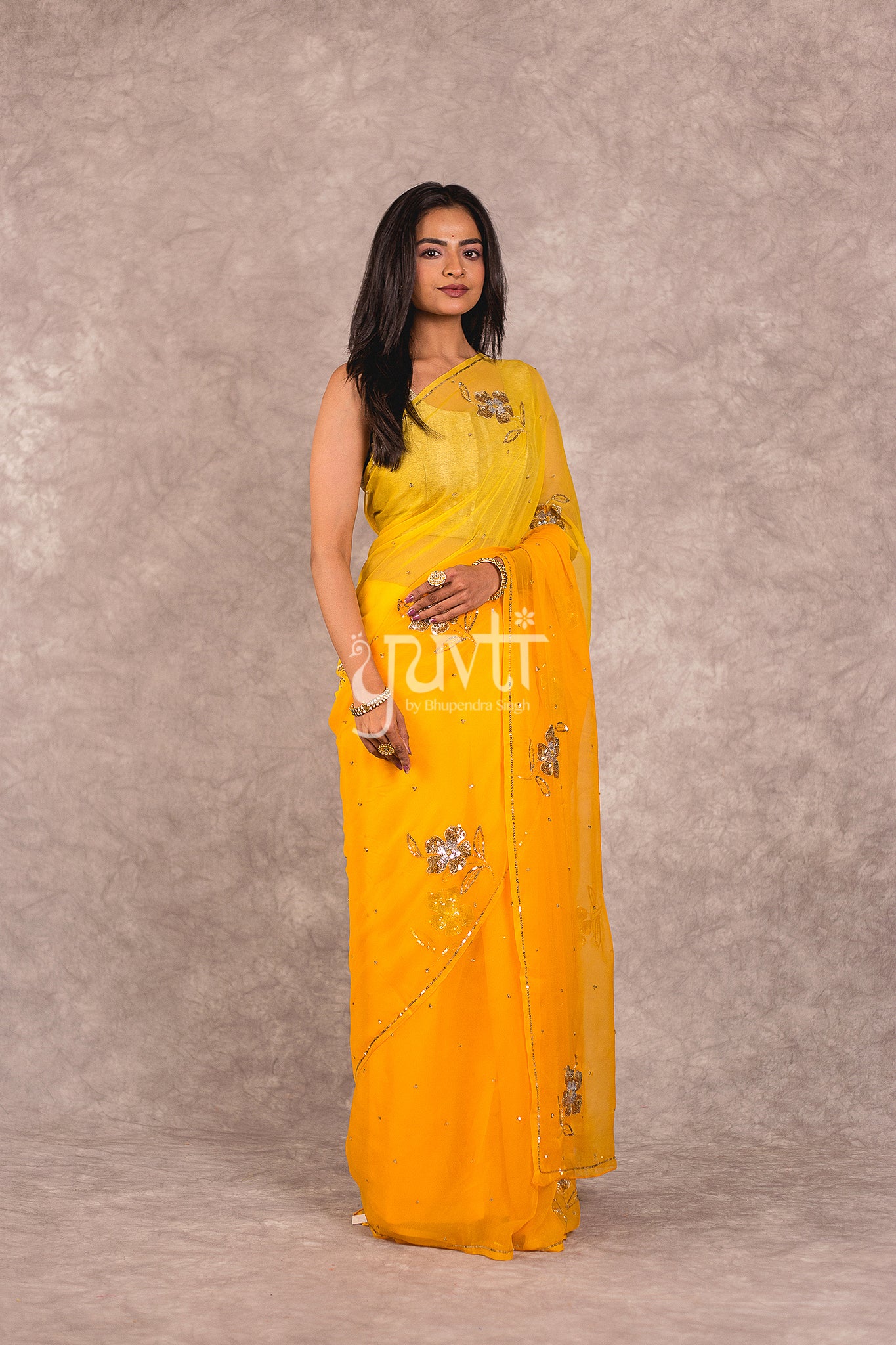 Yellow Viscose Chiffon Aari Sequins Work Saree