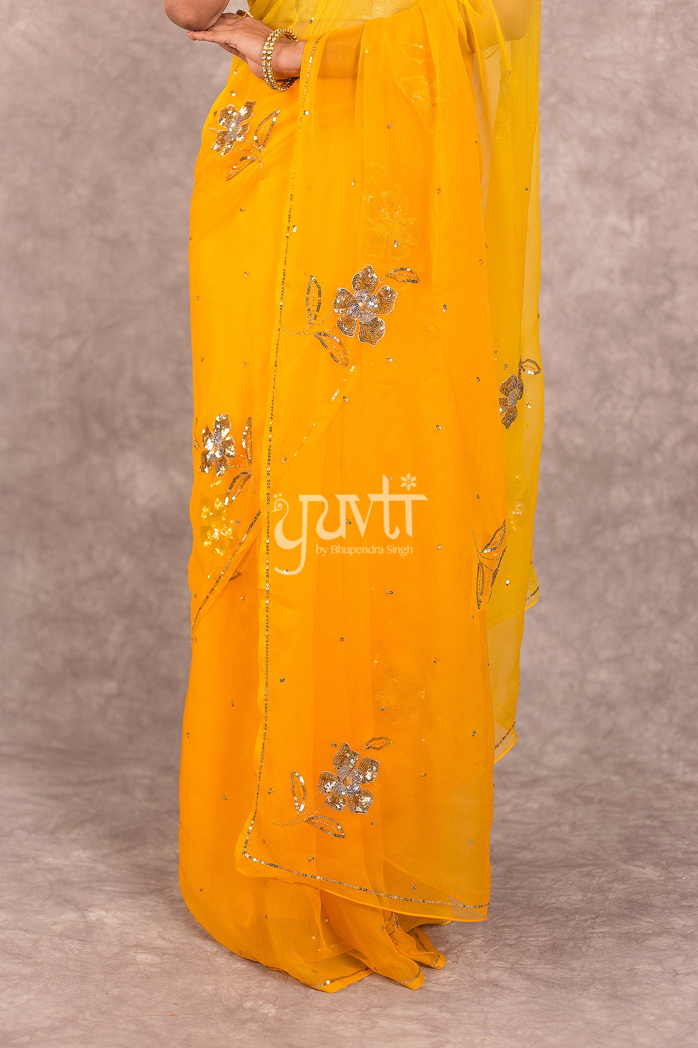 Yellow Viscose Chiffon Aari Sequins Work Saree