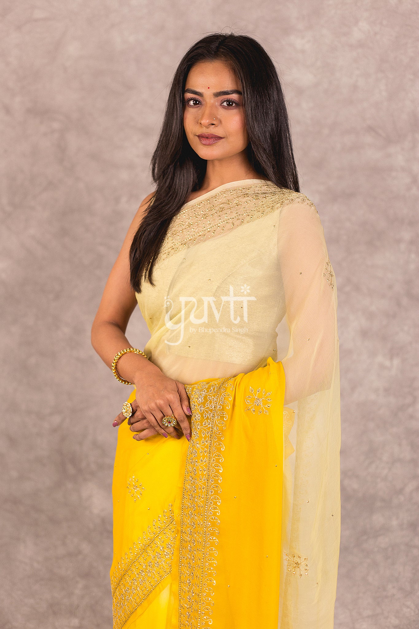 Yellow Viscose Chiffon Aari Katori Work Saree