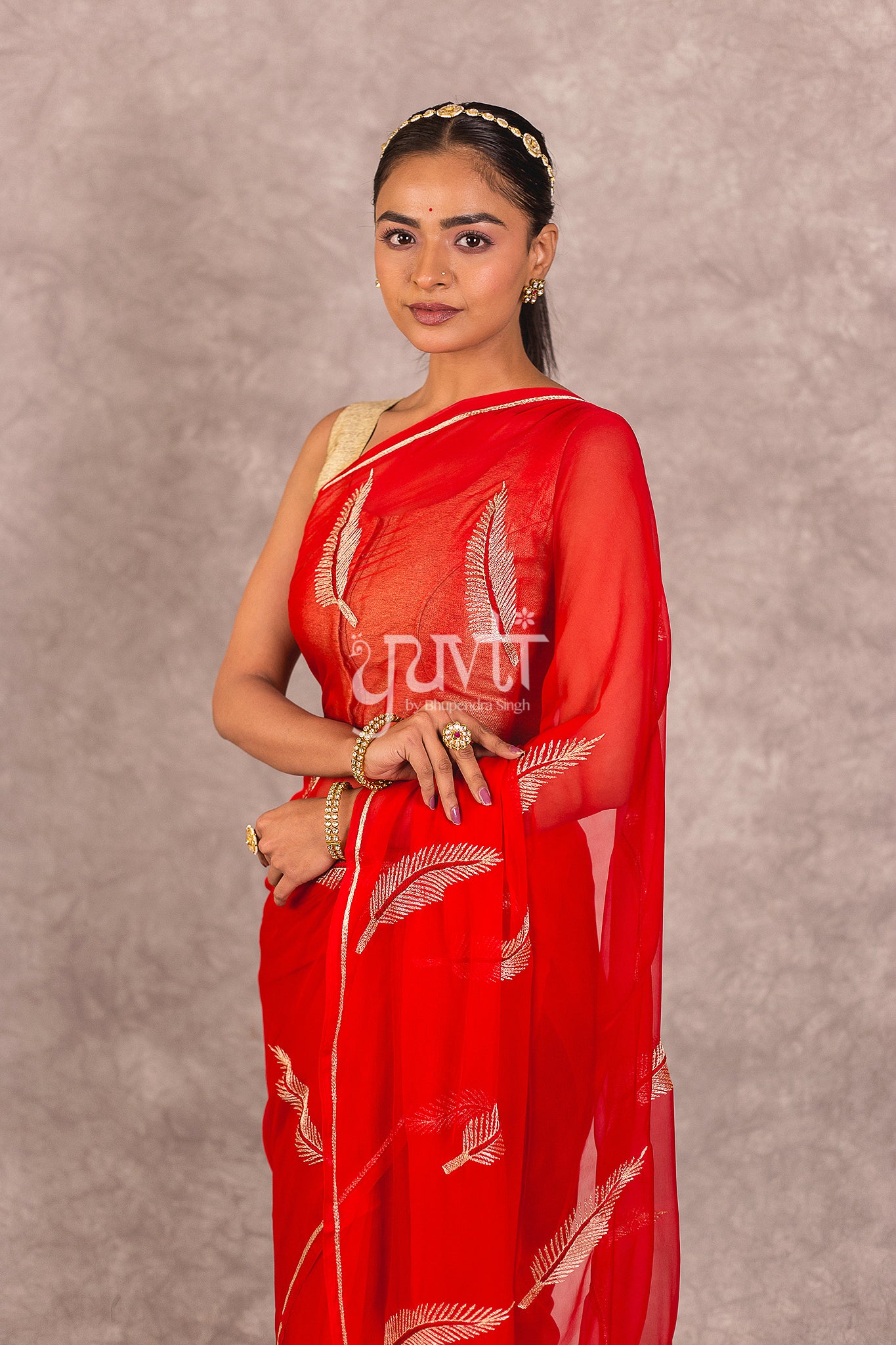 Red Viscose Chiffon Aari Resham Work Saree