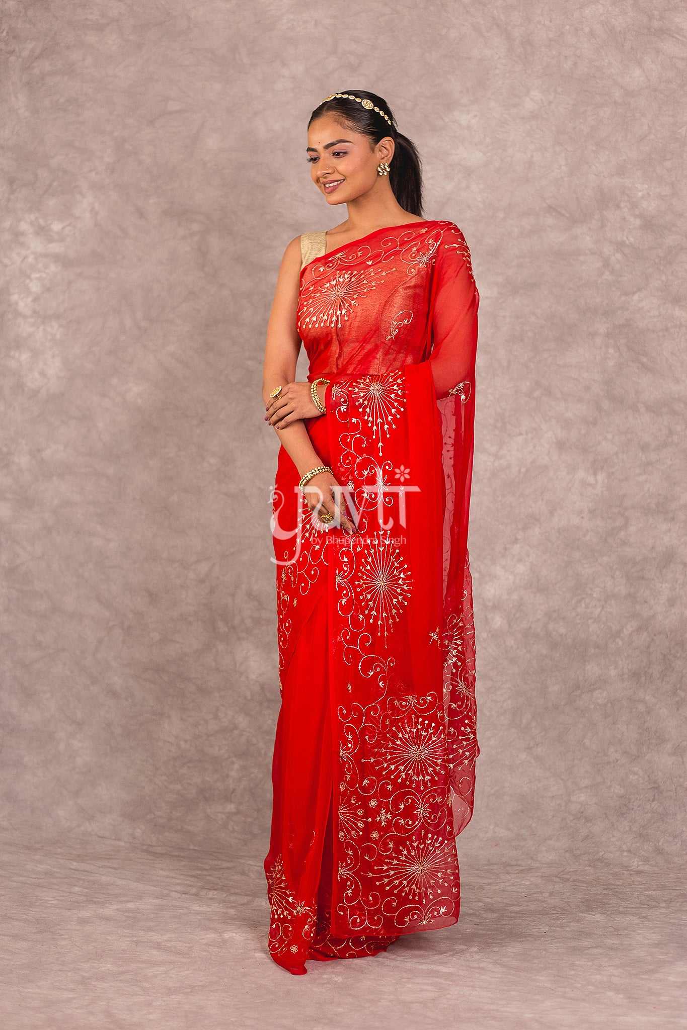 Red Viscose Chiffon Aari Resham Work Saree