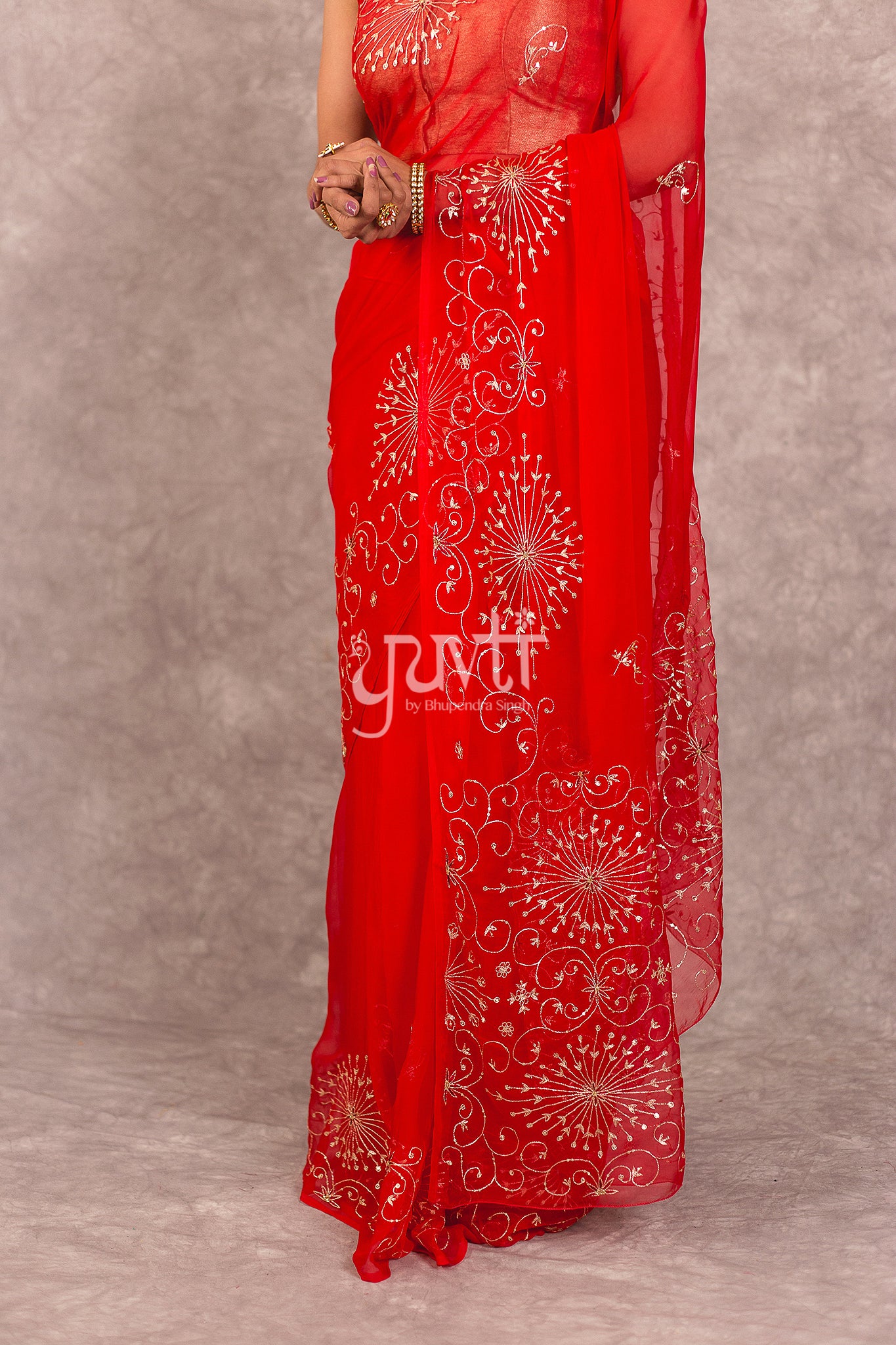 Red Viscose Chiffon Aari Resham Work Saree