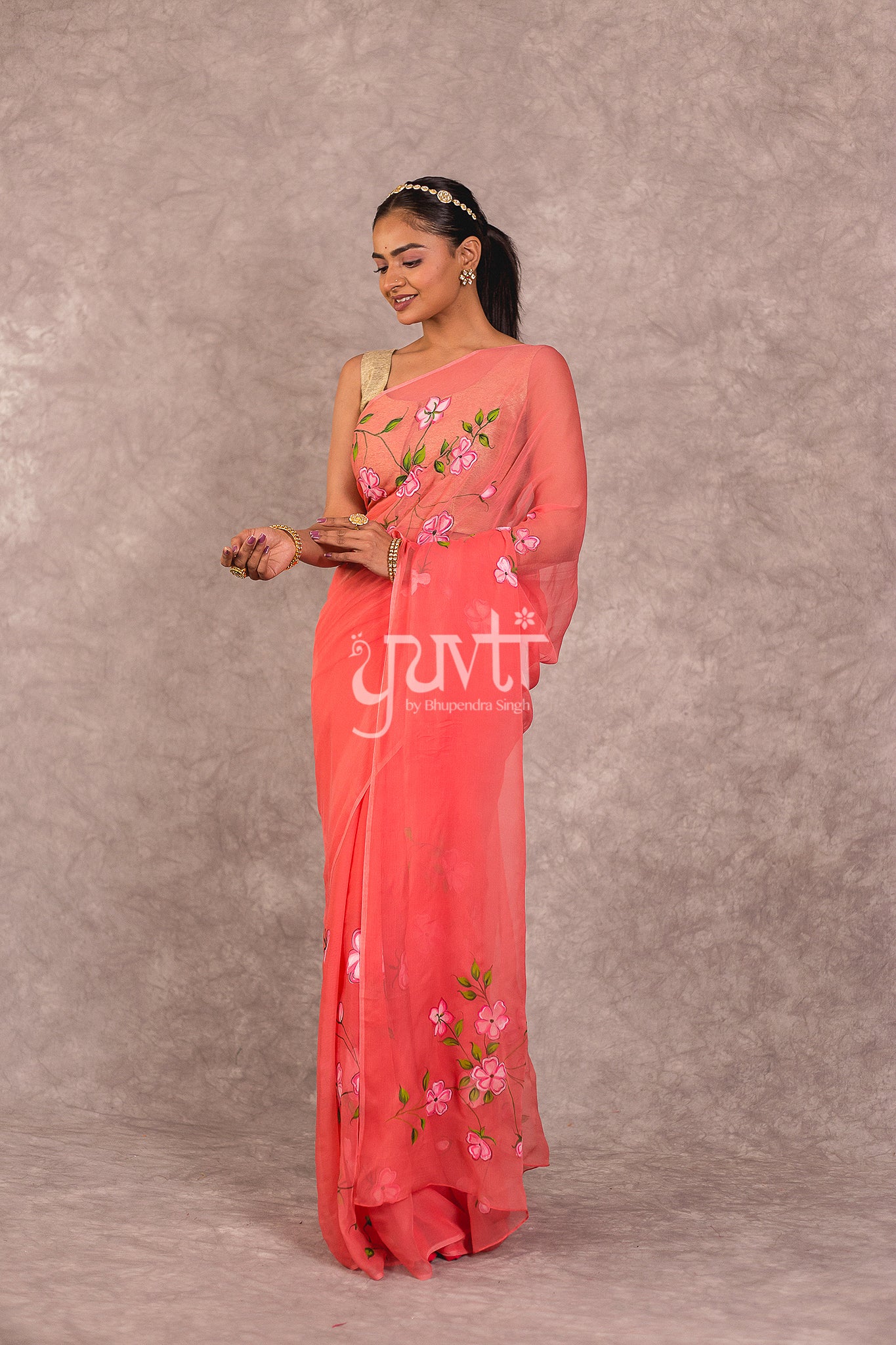 Peach Viscose Chiffon Hand Paint Work Saree