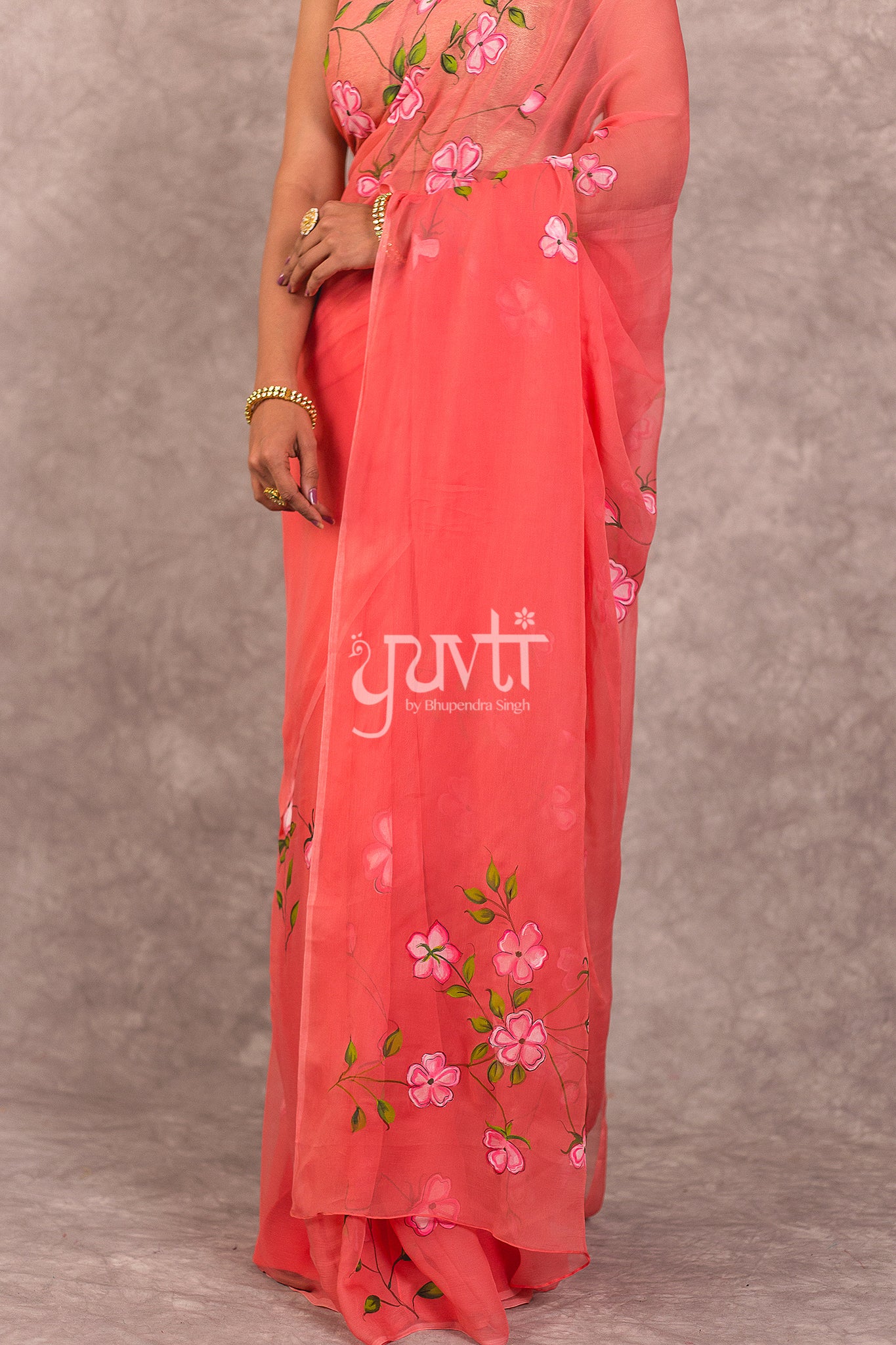 Peach Viscose Chiffon Hand Paint Work Saree