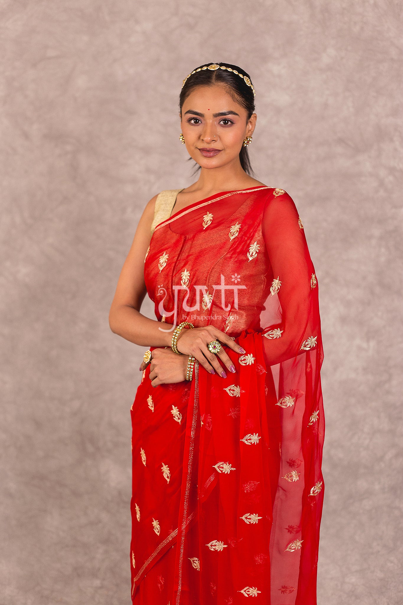 Red Viscose Chiffon Aari Work Saree