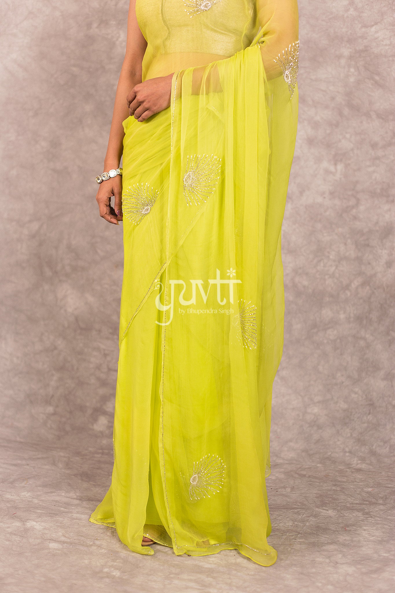 Green Viscose Chiffon Kardhana Moti Work Saree