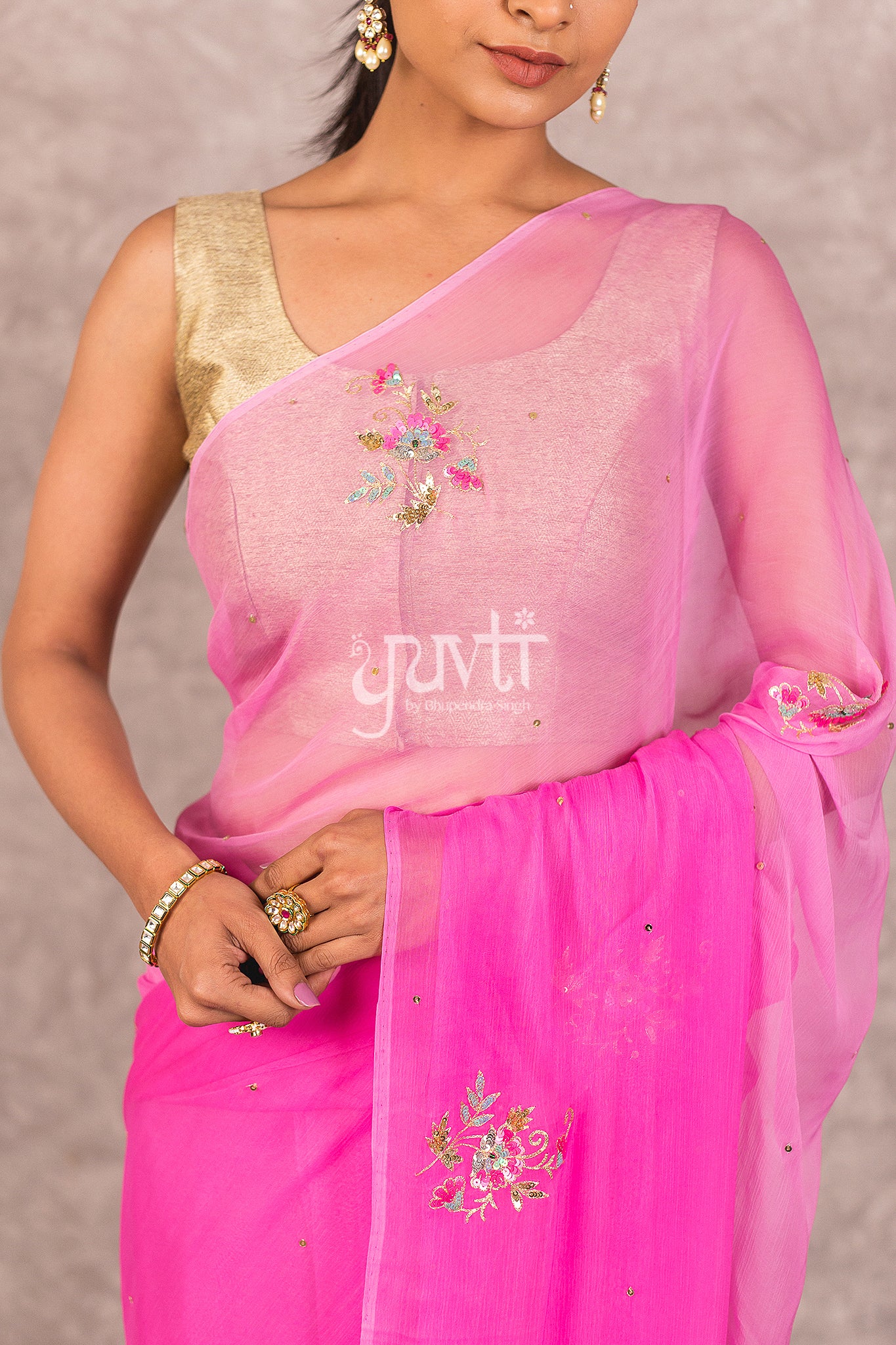 Pink Viscose Chiffon Shaded Aari Sequins Booti Work Saree