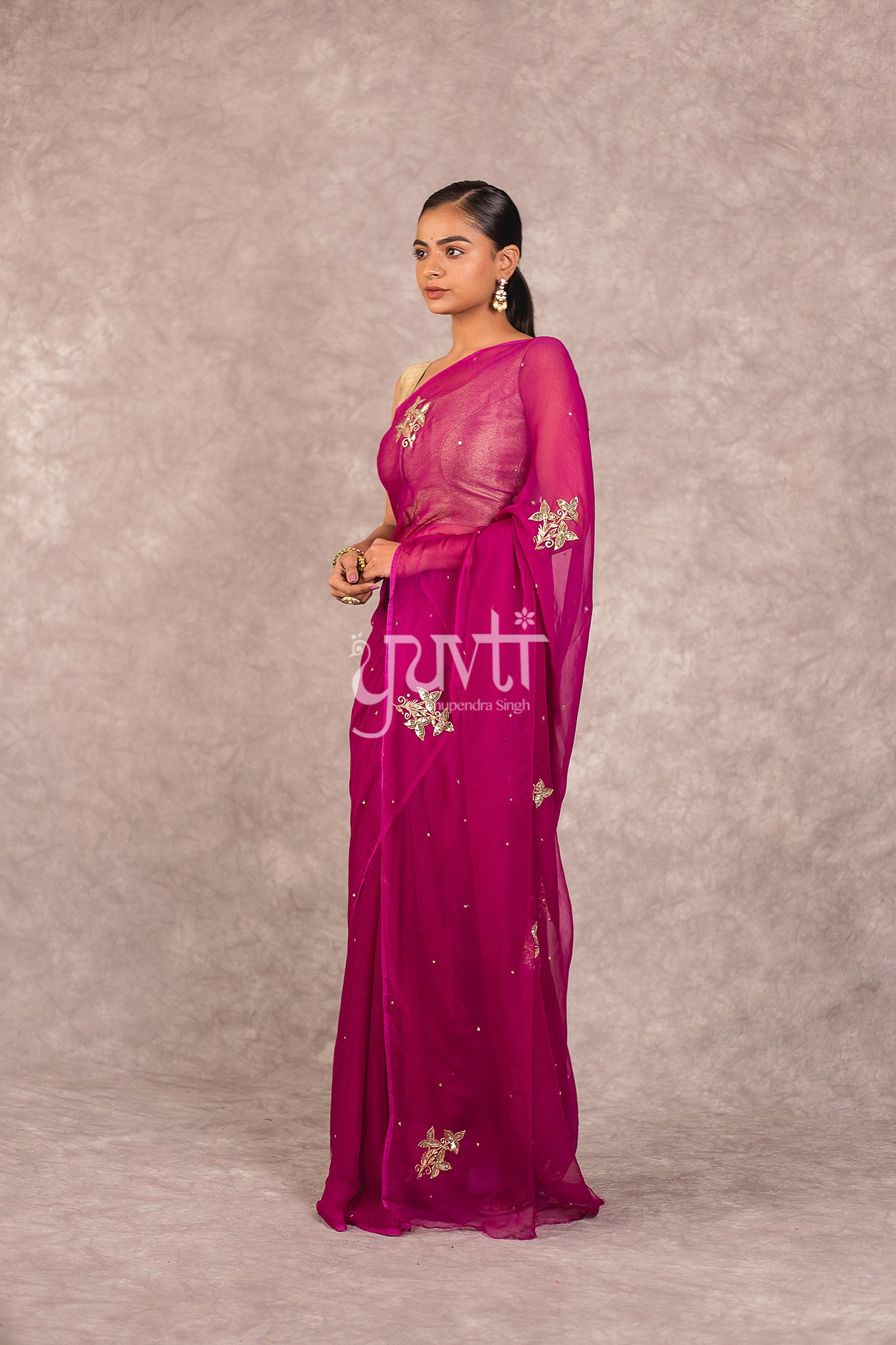 Wine Viscose Chiffon Aari Sequins Booti Work Saree