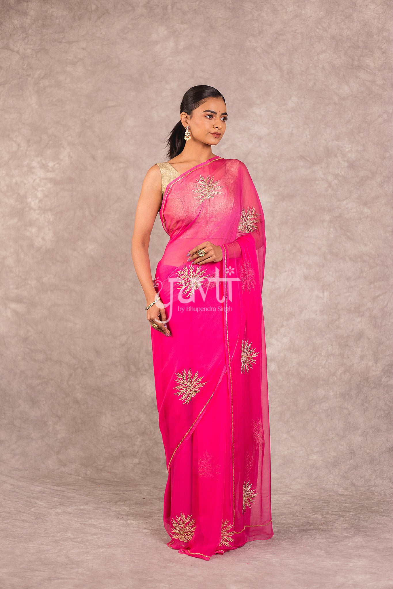 Pink Viscose Chiffon Aari Sequins Work Saree