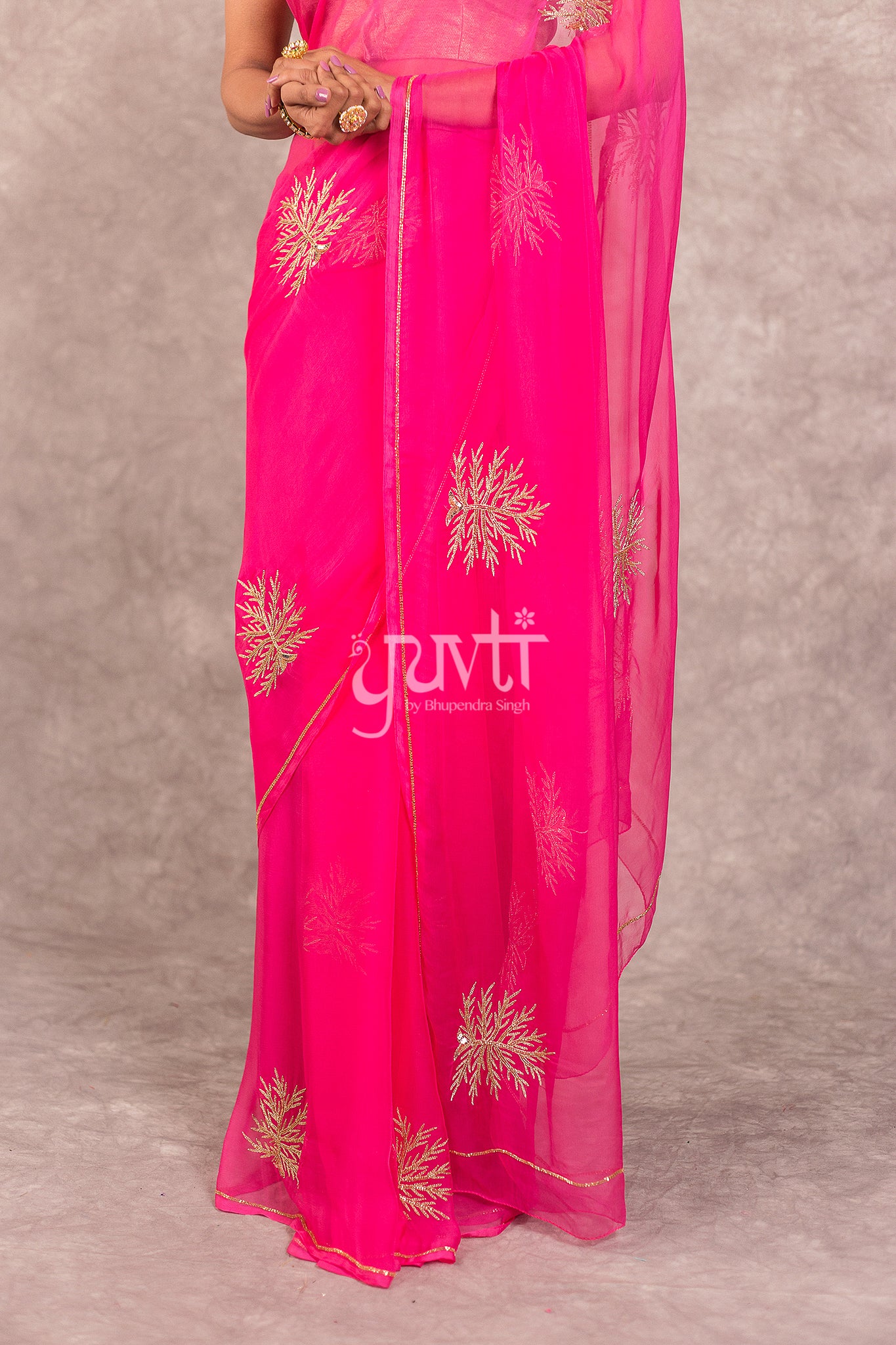 Pink Viscose Chiffon Aari Sequins Work Saree