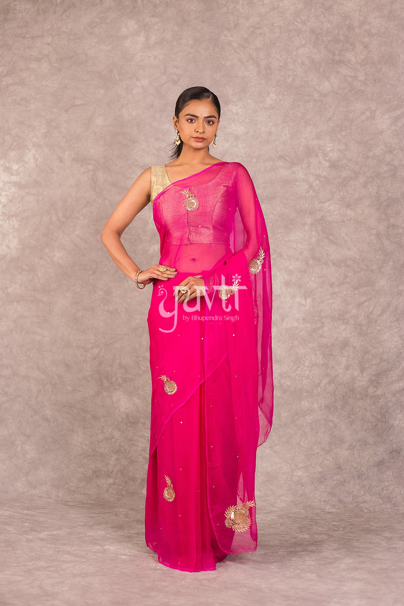 Pink Viscose Chiffon Aari Sequins Booti Work Saree