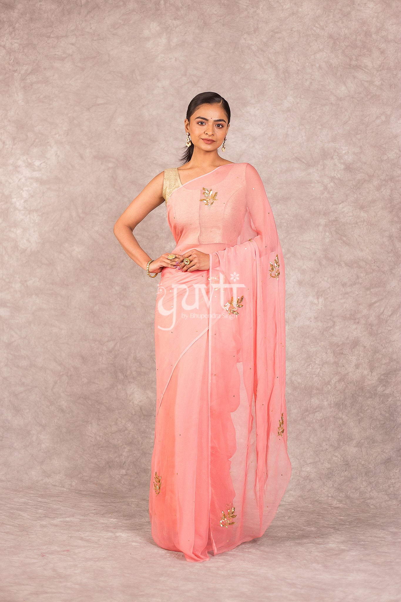 Peach Viscose Chiffon Aari Sequins Booti Work Saree