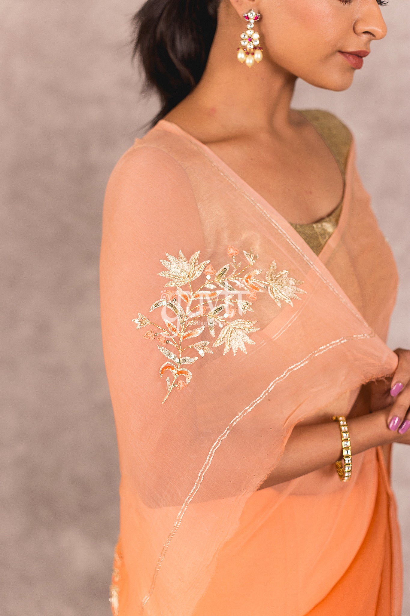 Orange Viscose Chiffon Aari Sequins Booti Work Saree