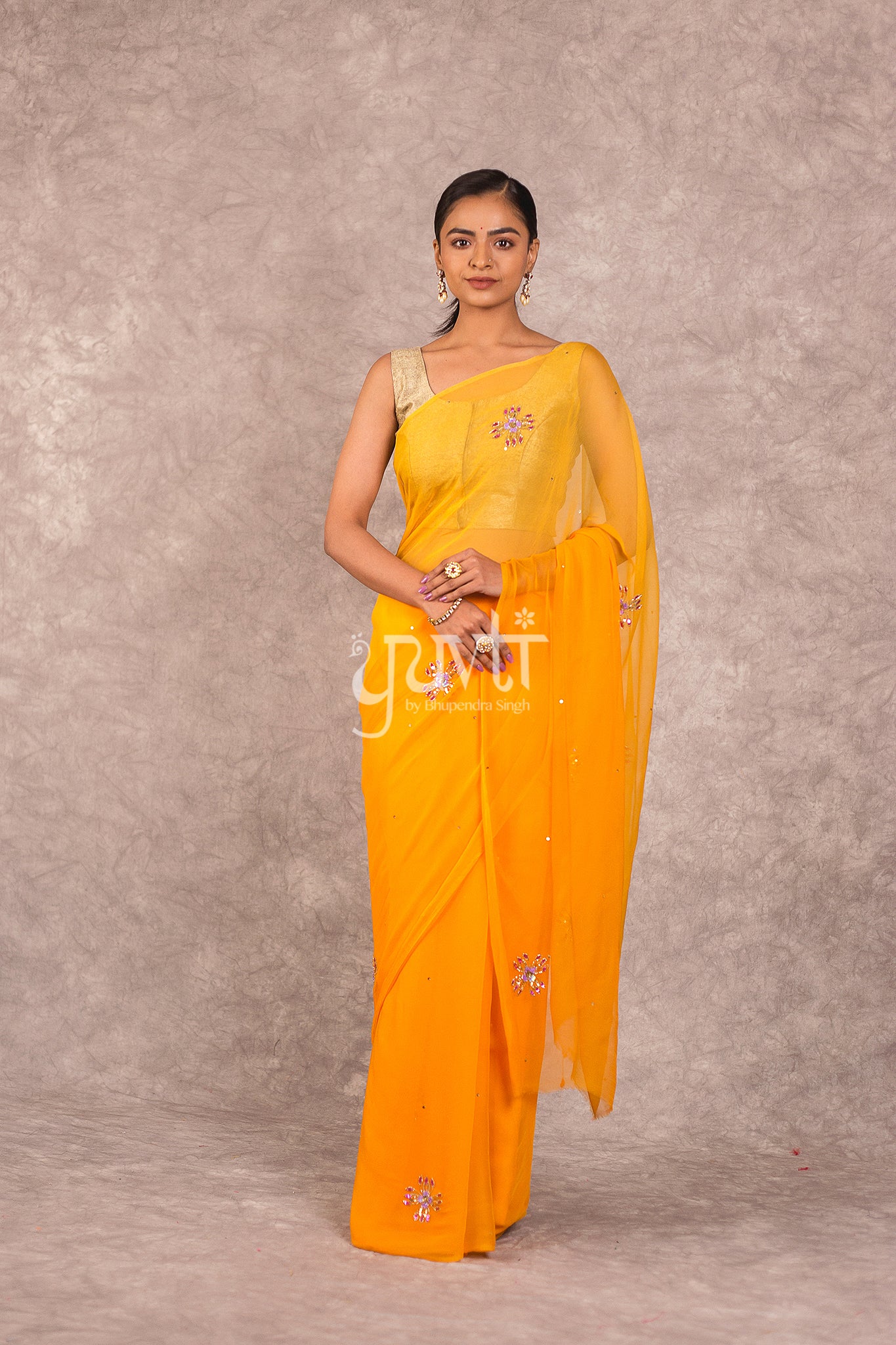 Yellow Viscose Chiffon Aari Sequins Booti Work Saree