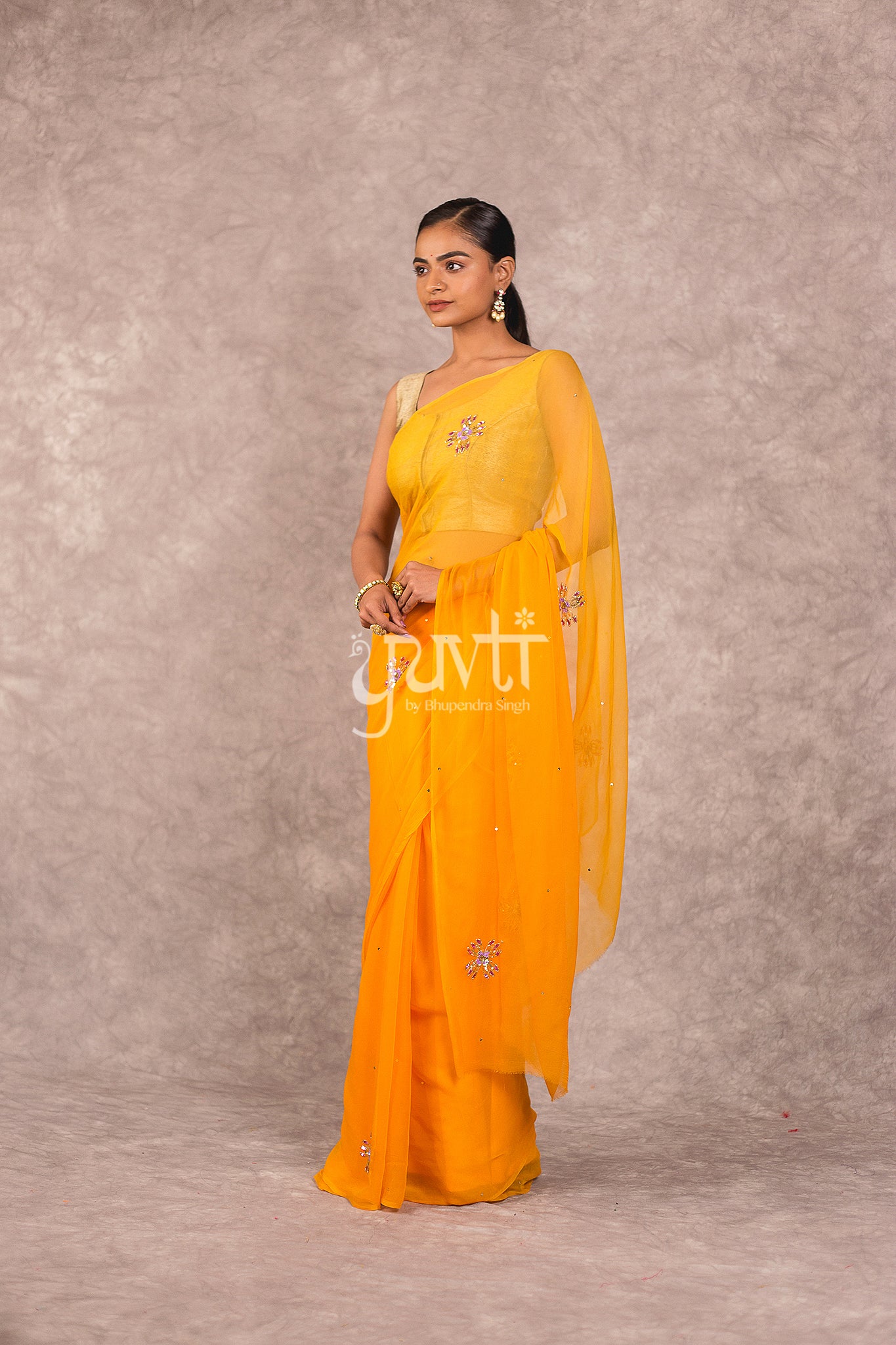 Yellow Viscose Chiffon Aari Sequins Booti Work Saree