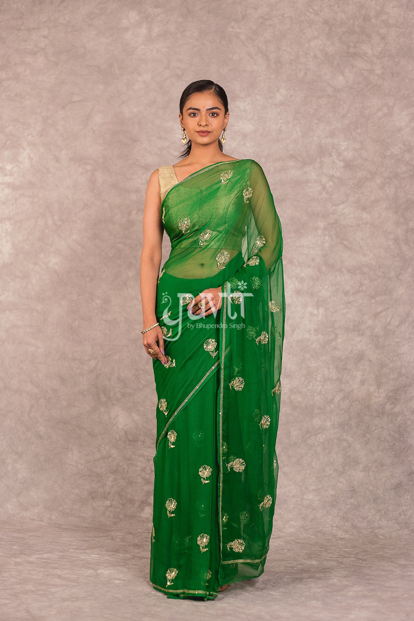 Green Viscose Chiffon Aari Sequins Work Saree