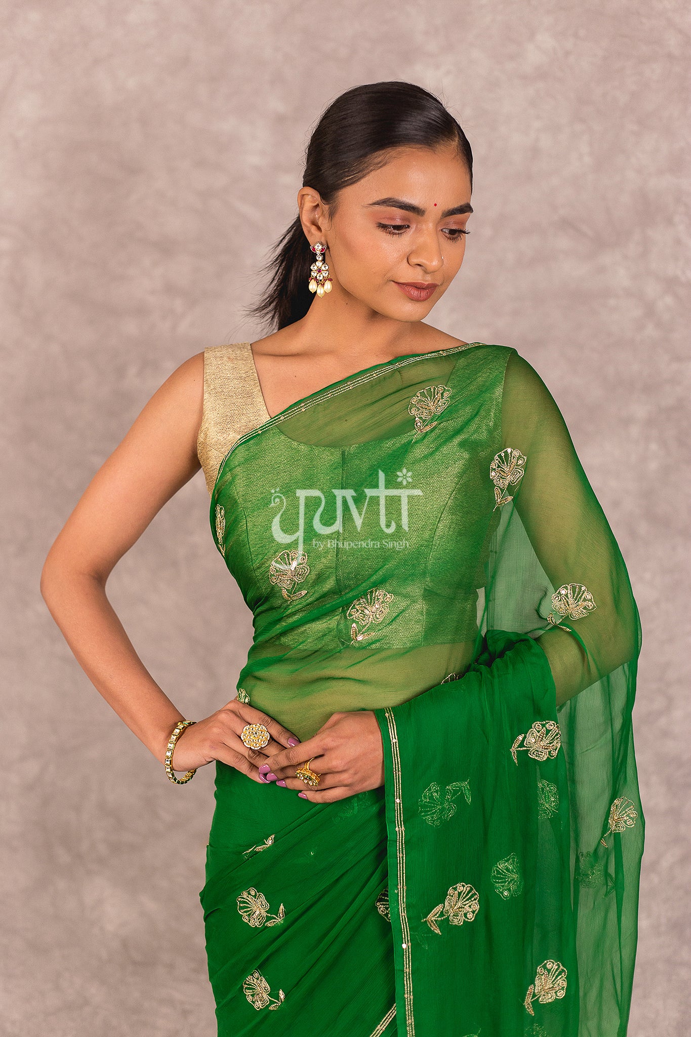 Green Viscose Chiffon Aari Sequins Work Saree