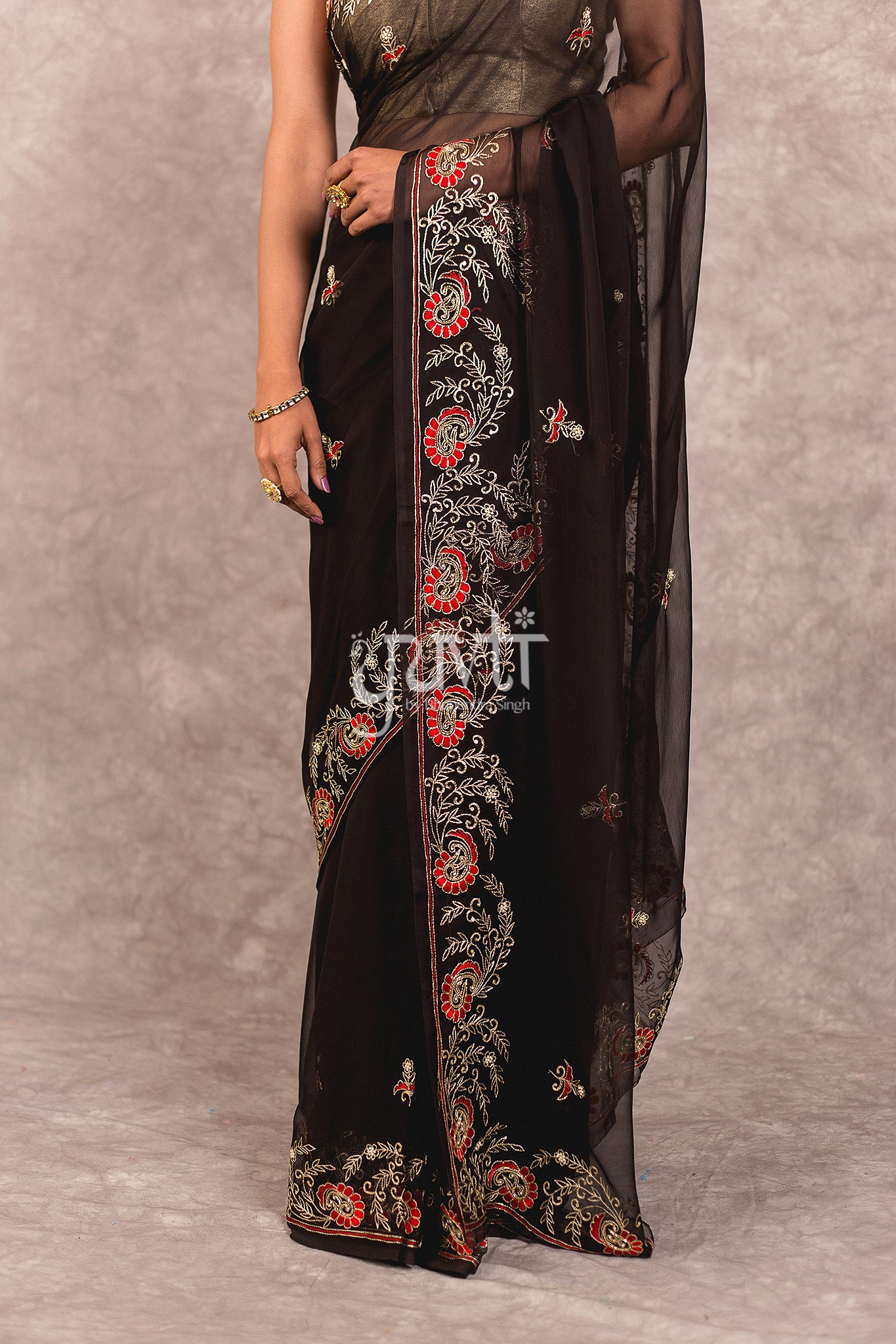 Black Viscose Chiffon Aari Resham Work Saree