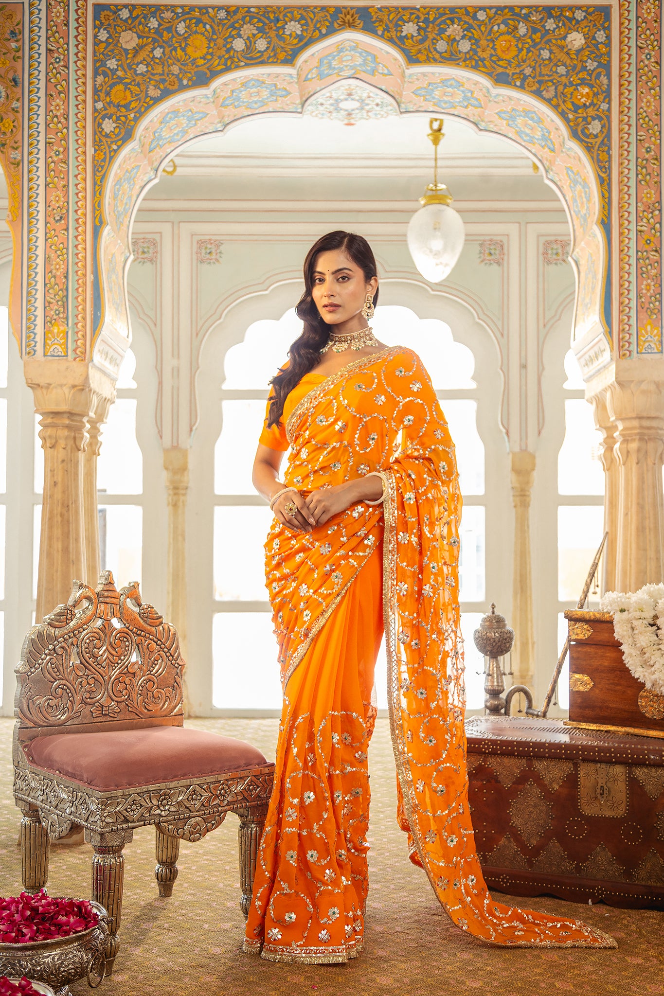 Yellow Kesariya Pure Chiffon Gota Patti Jaal Handwork Saree