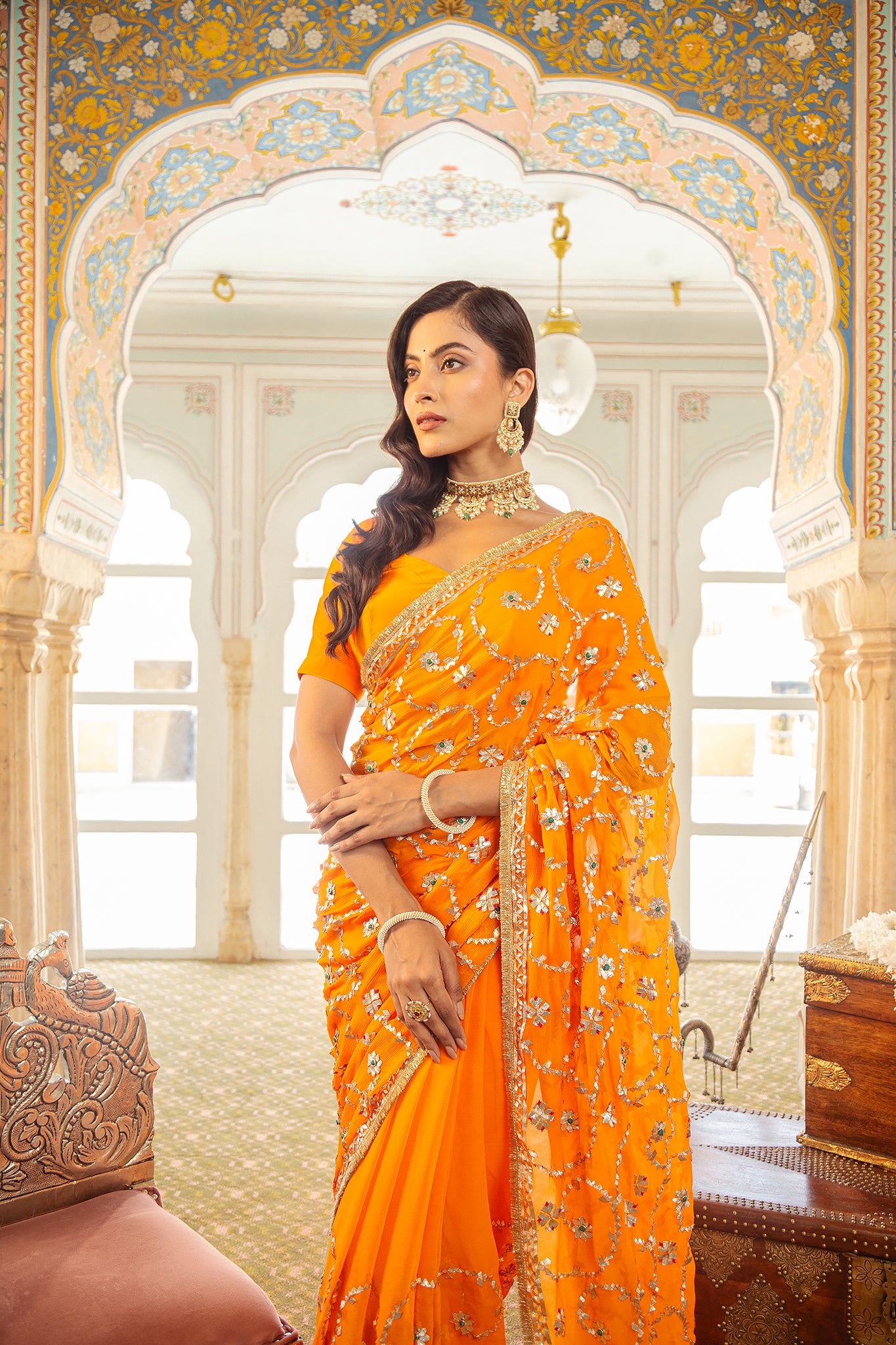 Yellow Kesariya Pure Chiffon Gota Patti Jaal Handwork Saree