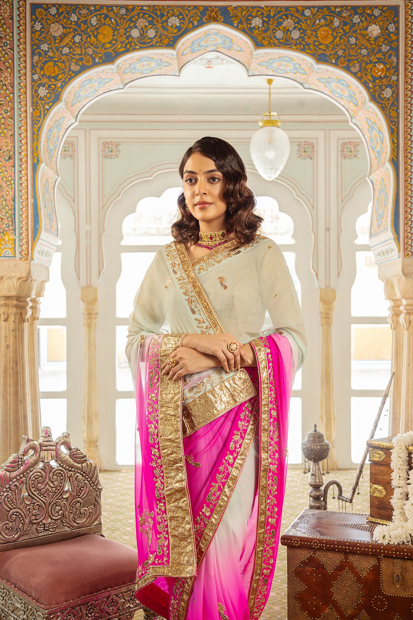 Pink Mint Shaded Pure Chiffon Copper Laffa Zardozi Salma Handwork Saree