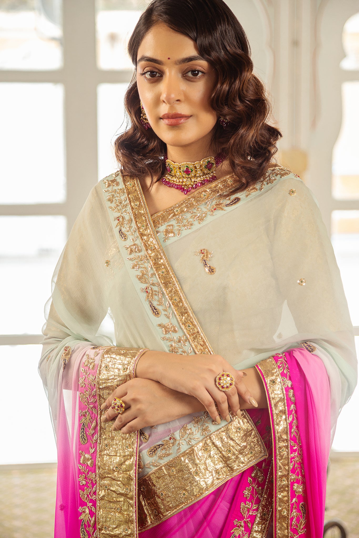 Pink Mint Shaded Pure Chiffon Copper Laffa Zardozi Salma Handwork Saree