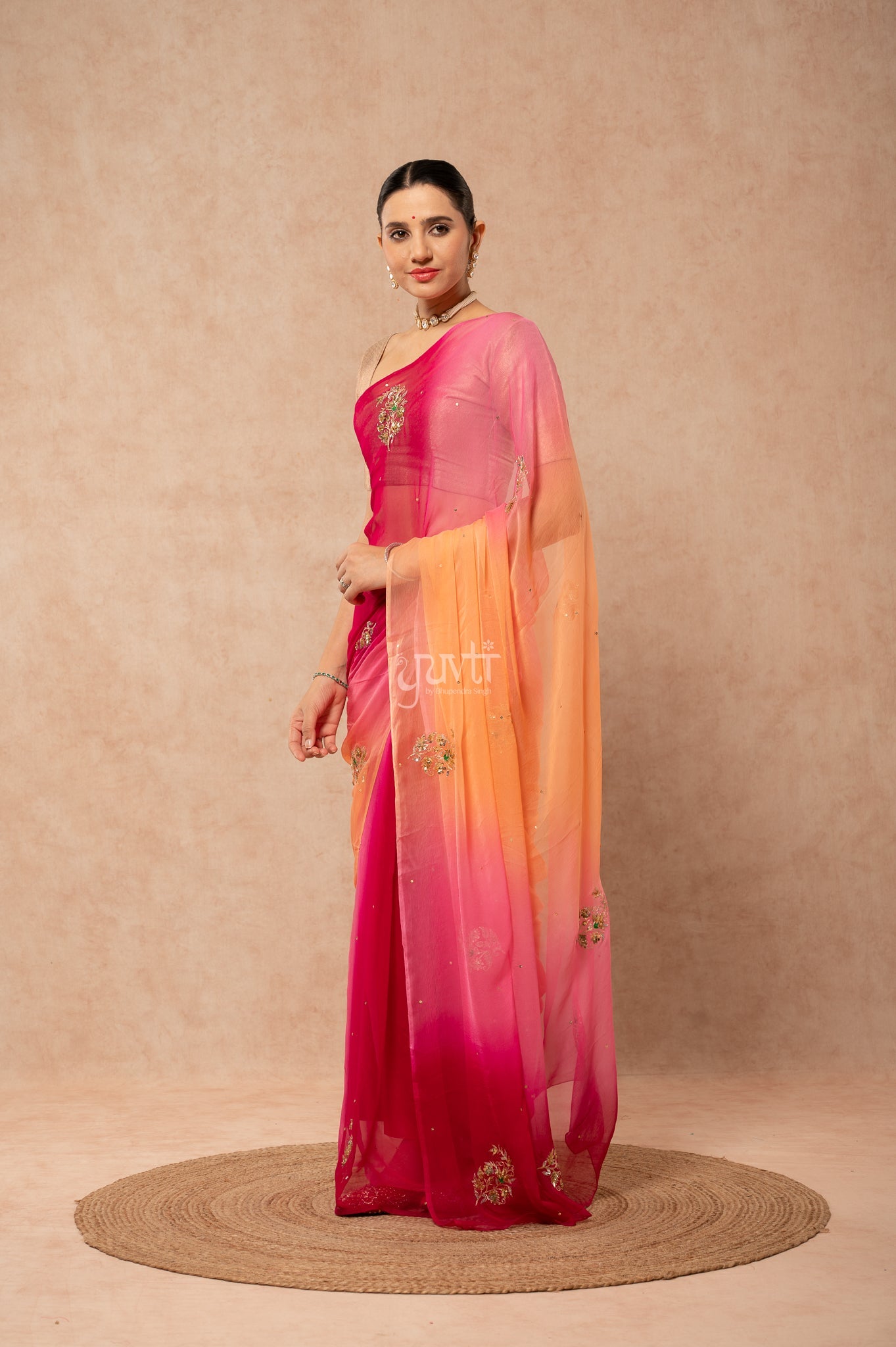 Wine Pink Peach Multi Viscose Chiffon Aari Sequins Motifs ( Butti ) Handwork Saree