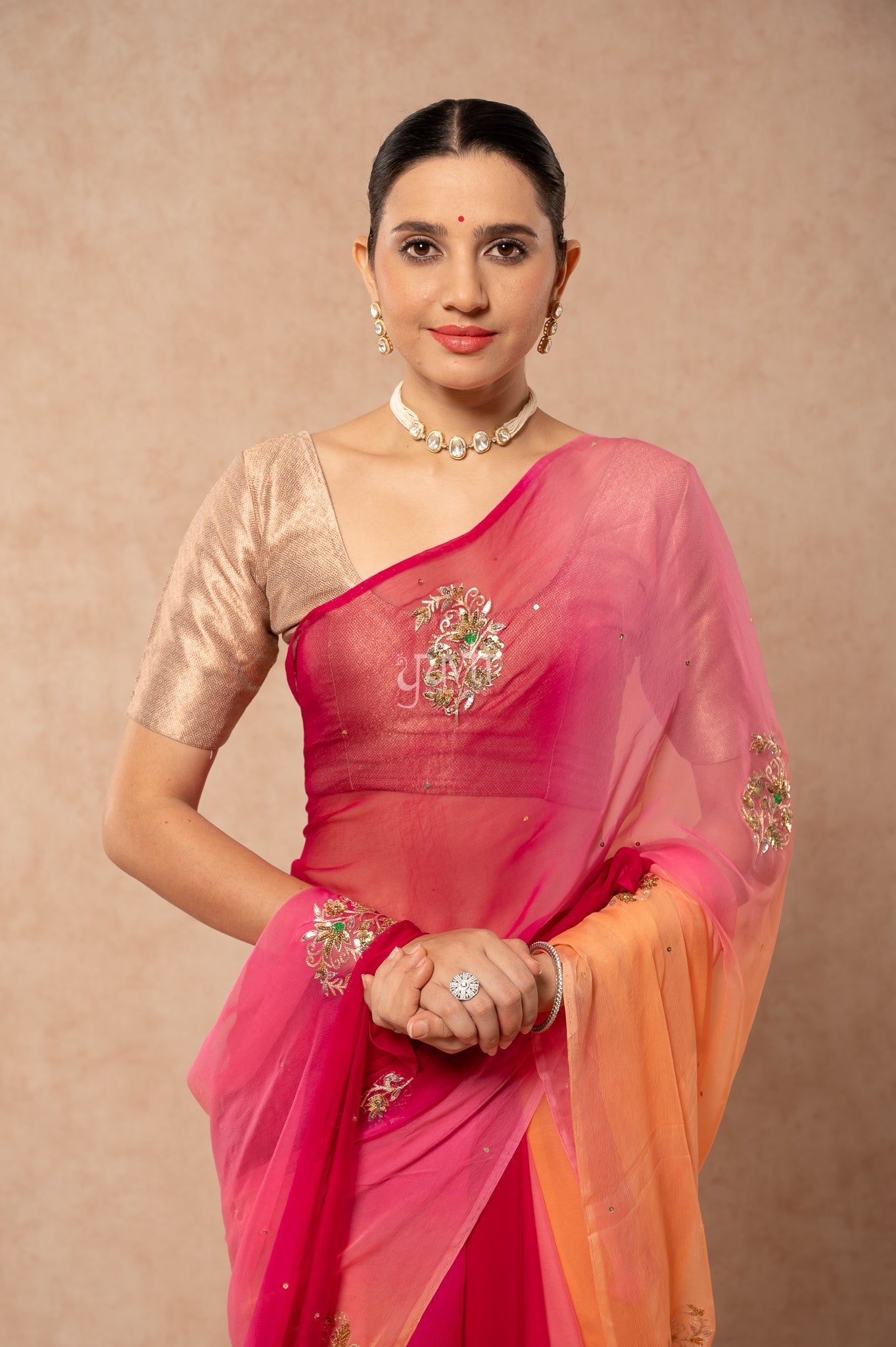 Wine Pink Peach Multi Viscose Chiffon Aari Sequins Motifs ( Butti ) Handwork Saree