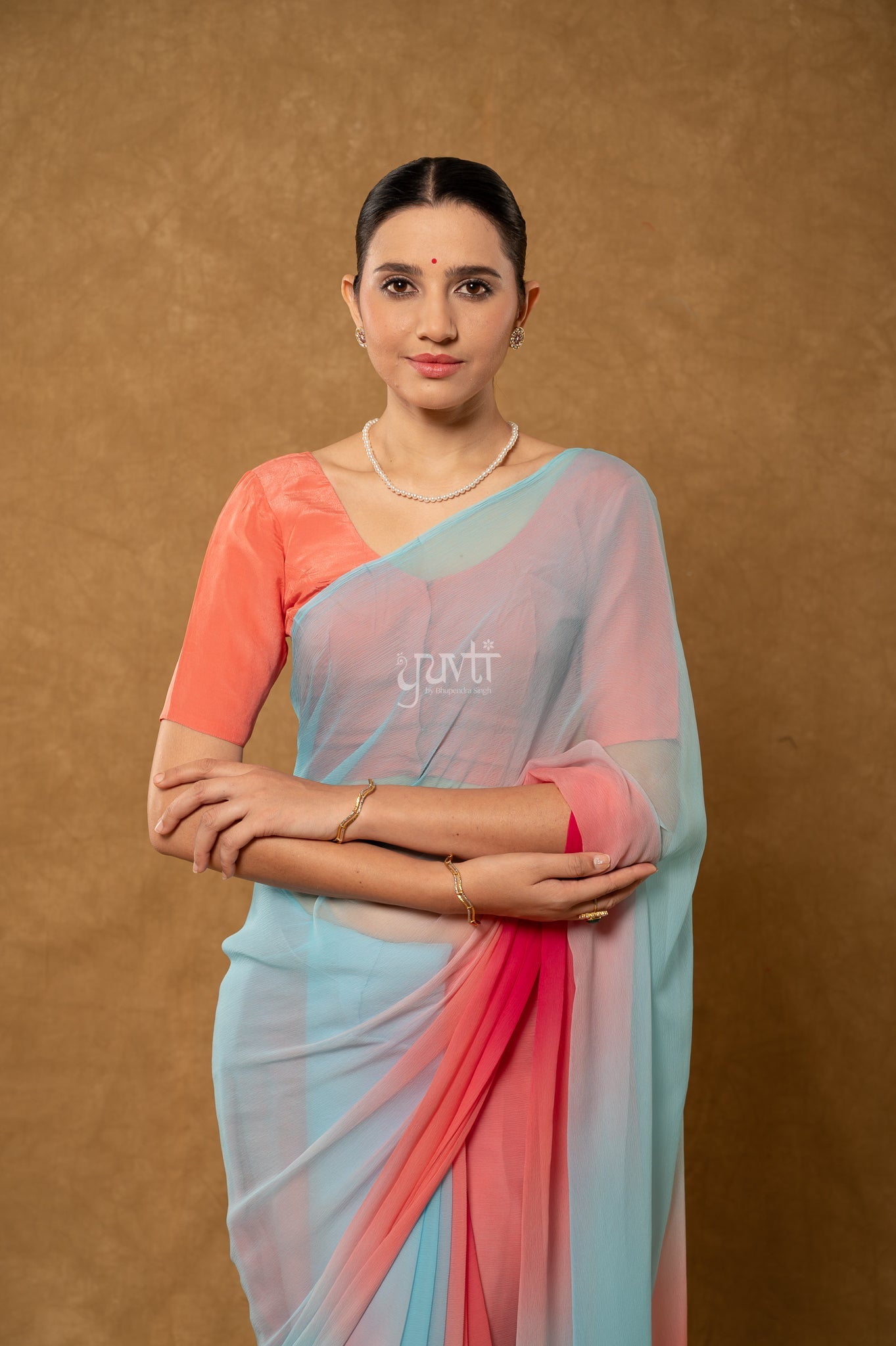 Rama Sky Gajri Shaded Pure Georgette Hand-Dye Saree with Blouse