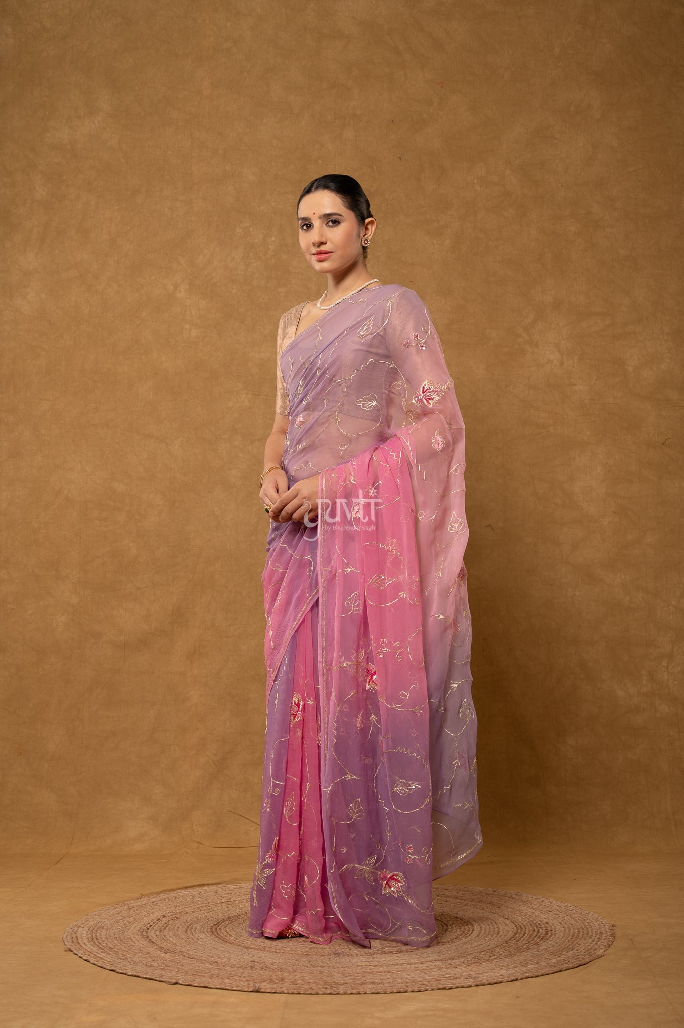 Grey Pink Viscose Chiffon Aari Sequins Kardana Handwork Party Saree