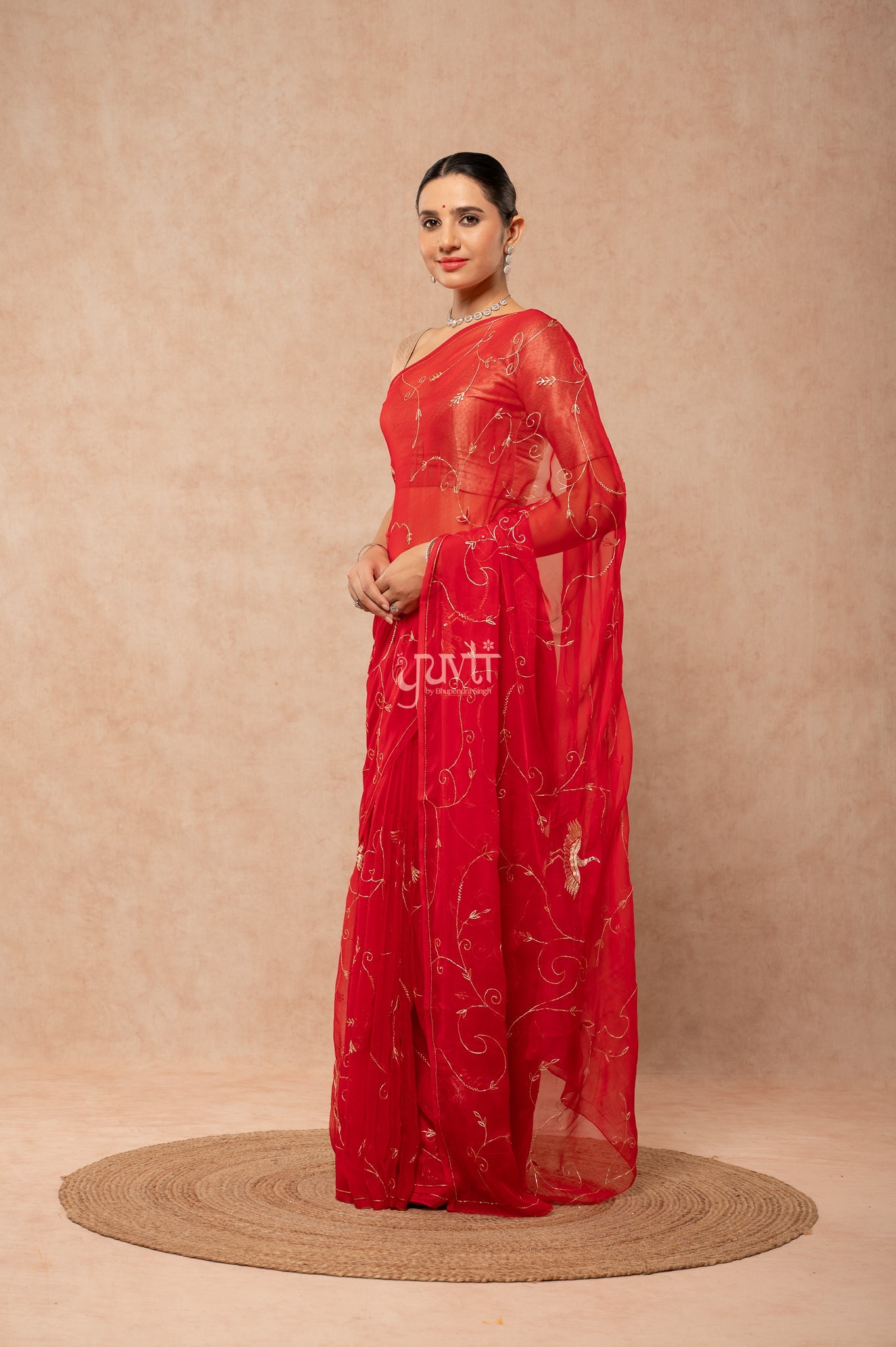 Red Viscose Chiffon Aari Sequins Resham Jaal & Bird Motif (Butti) Handwork Saree with Blouse
