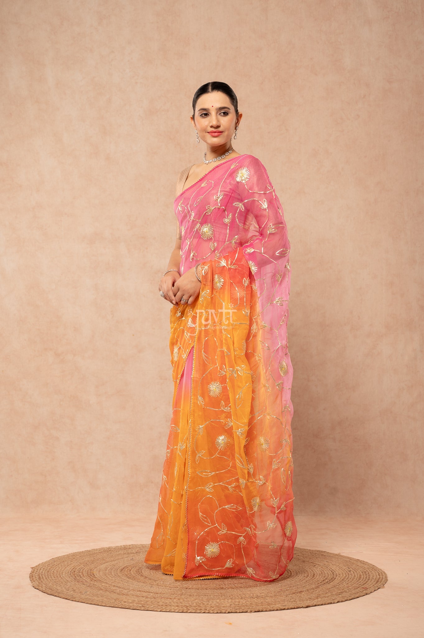 Rani Pink Yellow Multi Viscose Chiffon Sikhiya Gotta Jaal Saree