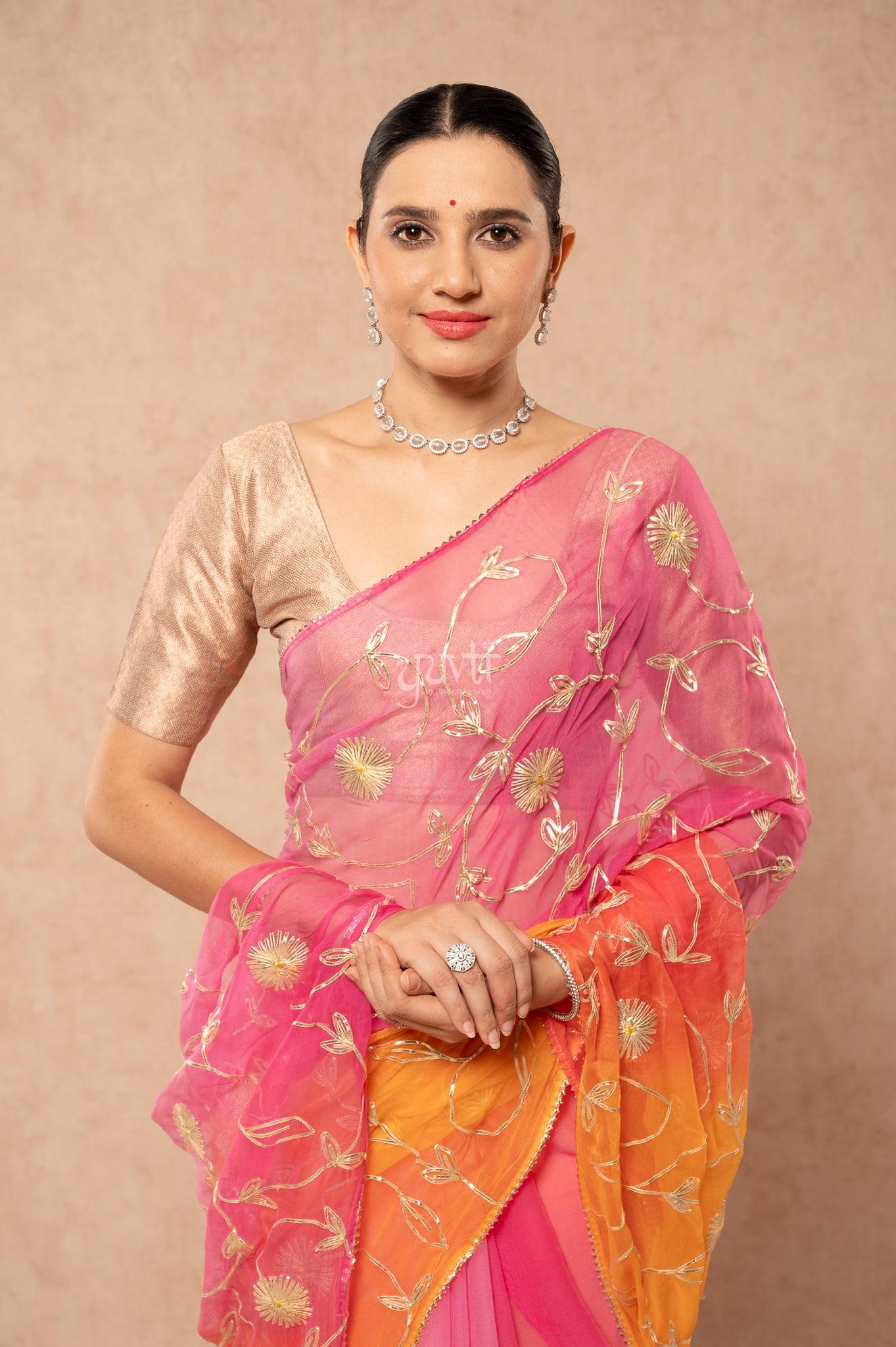 Rani Pink Yellow Multi Viscose Chiffon Sikhiya Gotta Jaal Saree