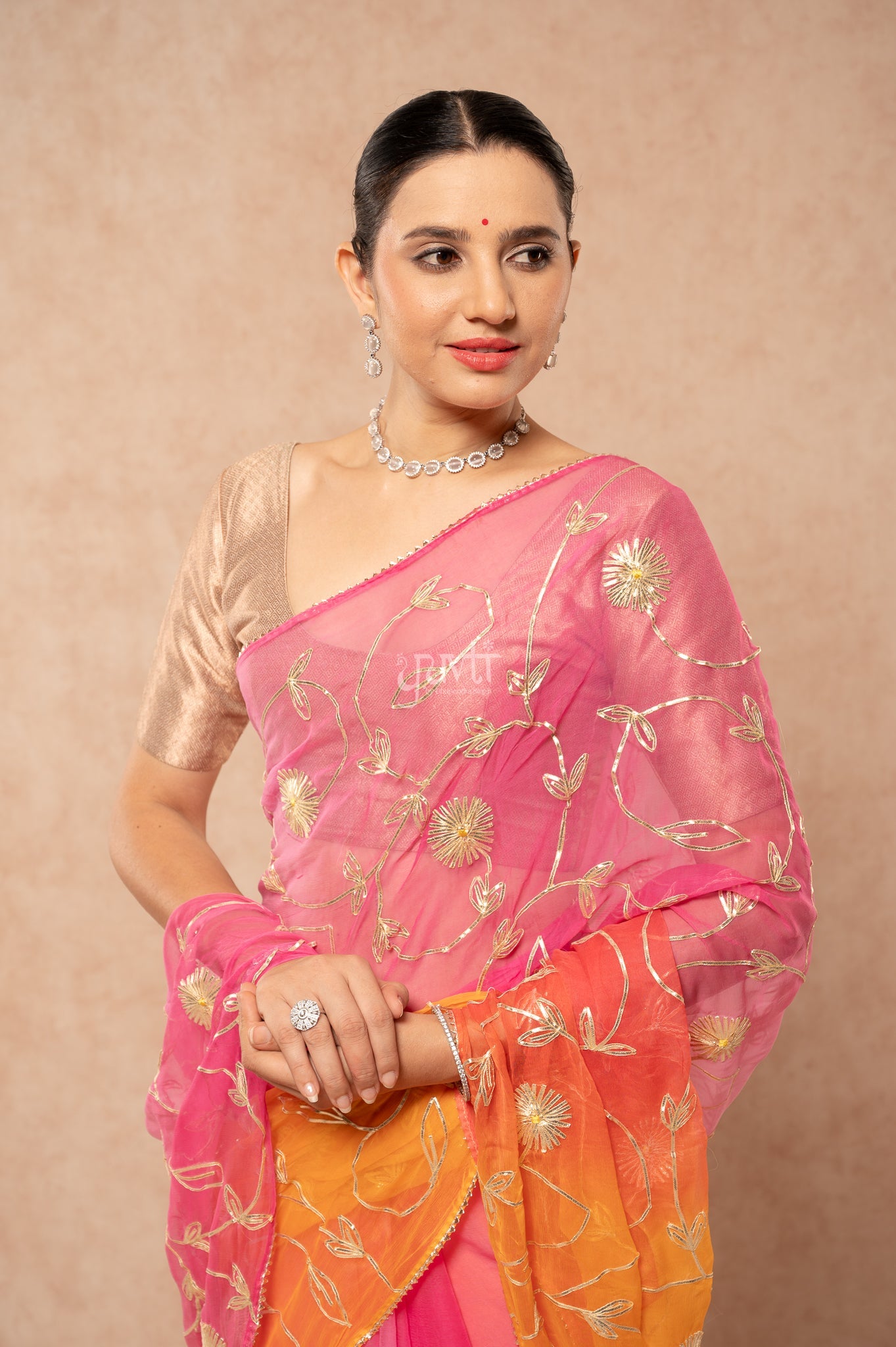 Rani Pink Yellow Multi Viscose Chiffon Sikhiya Gotta Jaal Saree