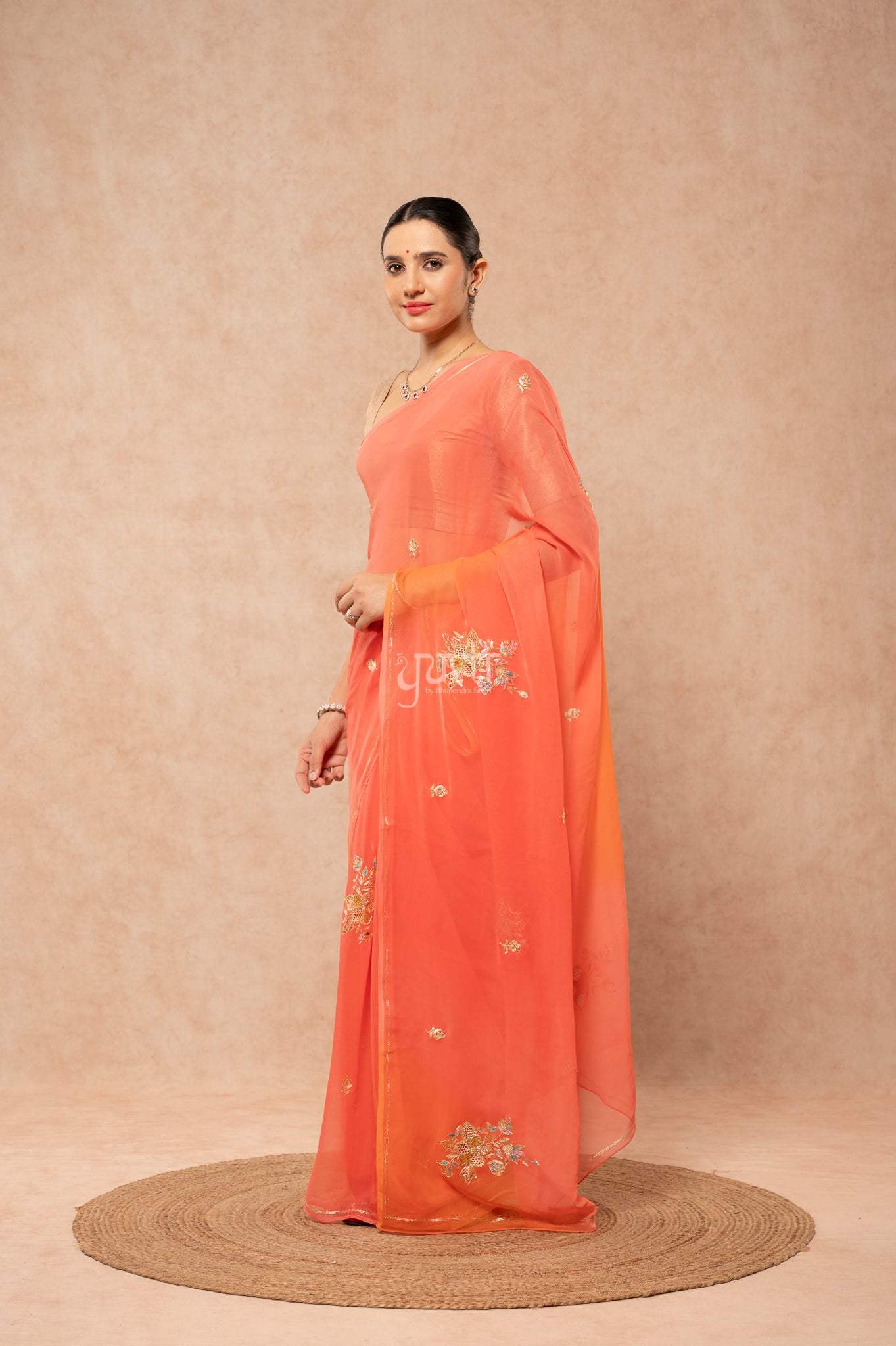 Gajri Orange Viscose Chiffon Aari Sequins Cut Work Motif (Butti) Handwork Saree