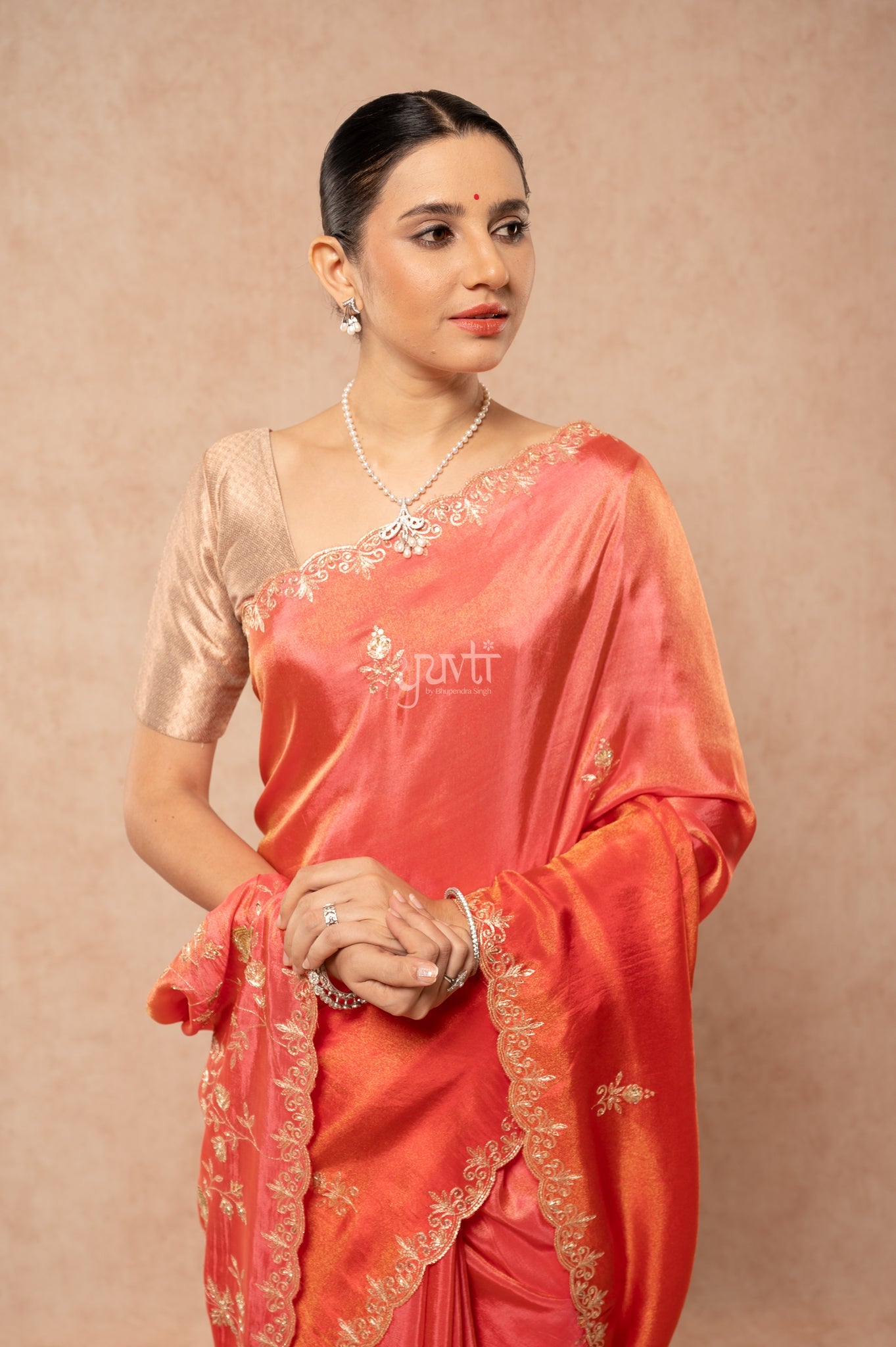 Gajri Orange Viscose Tissue Aari Sequins Border & Flower Motifs (Butti) Handwork Saree