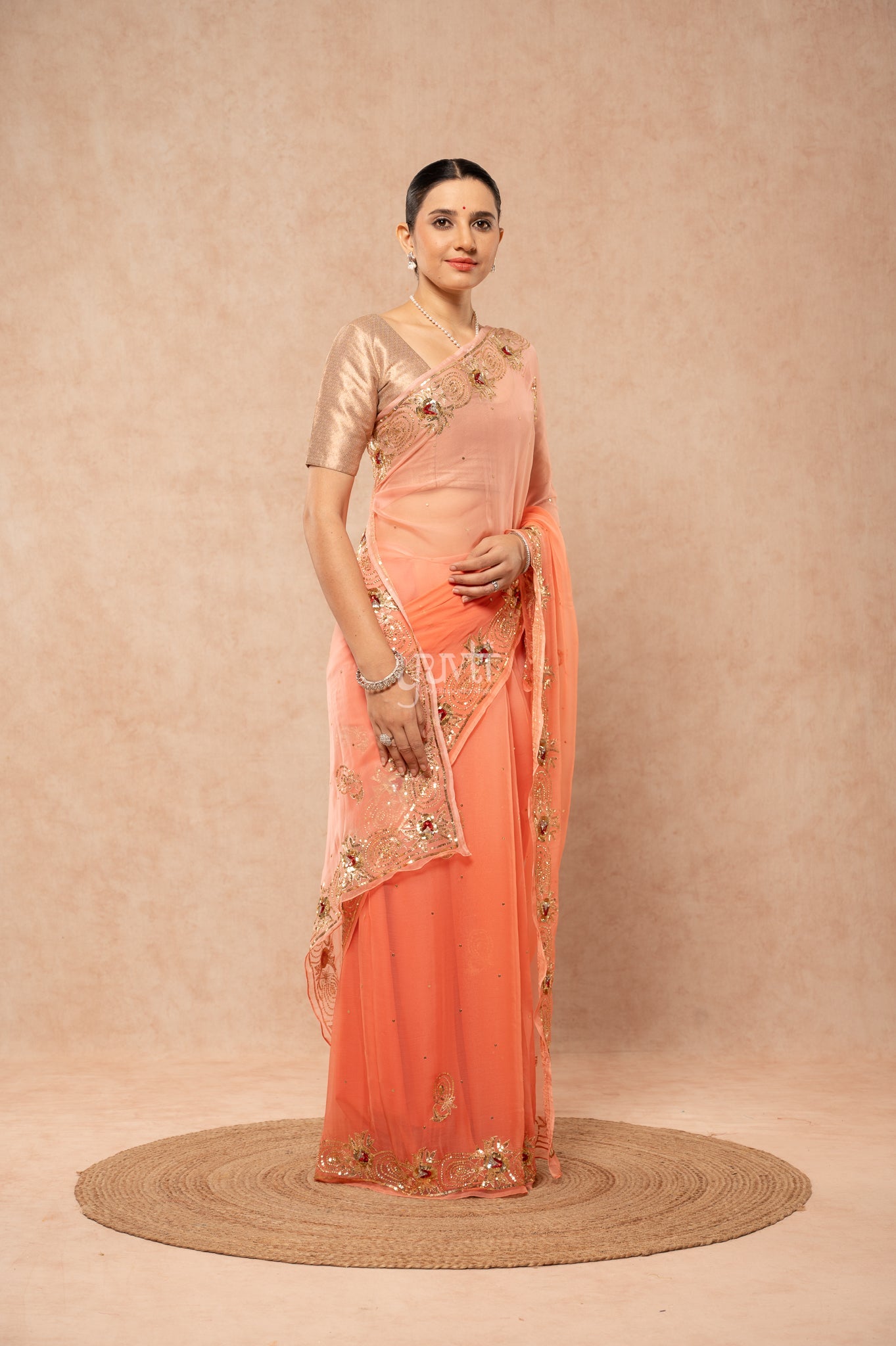 Peach Shaded Viscose Chiffon Aari Sequins Border & Flower Motifs (Butti) Handwork Saree with Blouse