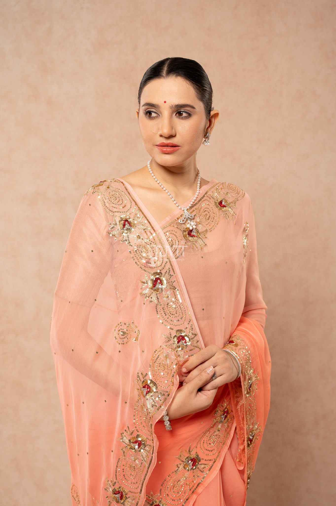 Peach Shaded Viscose Chiffon Aari Sequins Border & Flower Motifs (Butti) Handwork Saree with Blouse