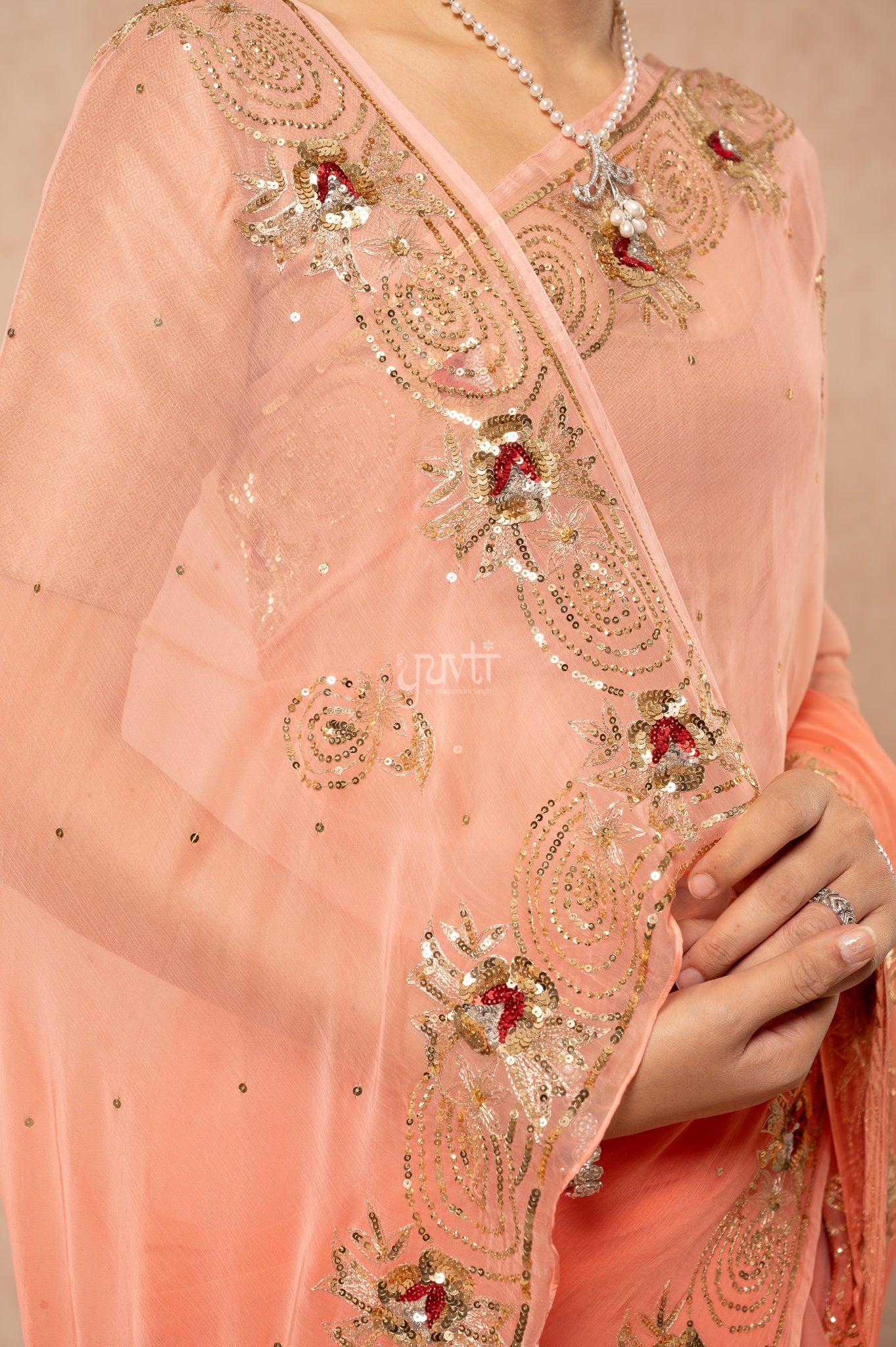 Peach Shaded Viscose Chiffon Aari Sequins Border & Flower Motifs (Butti) Handwork Saree with Blouse